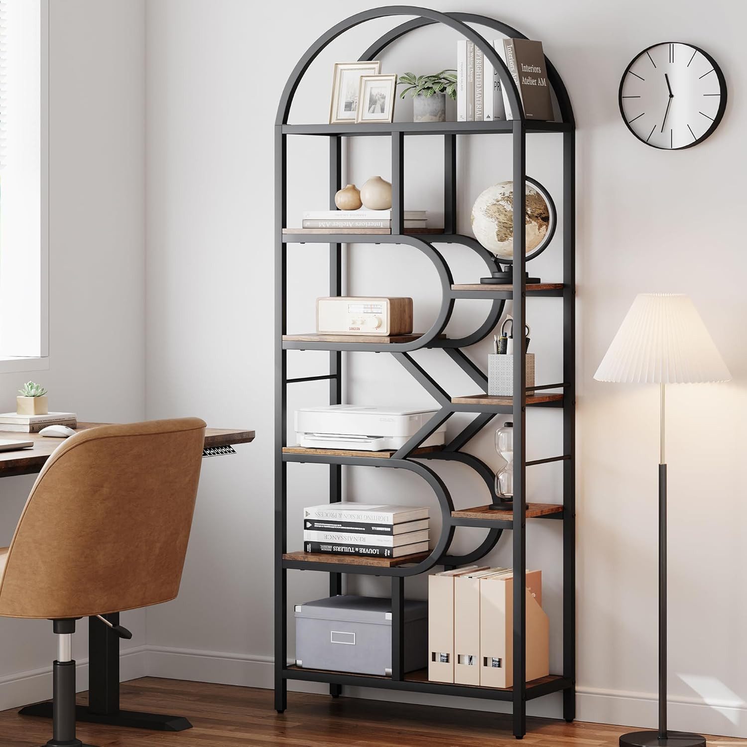 GarveeMore Bücherregal 6-Etagen gewölbt Bücherregal,216cmPräsentationsregale mit Metallrahmen, geometrisches offenes Lagerregal für Schlafzimmer,Wohnzimmer,Office