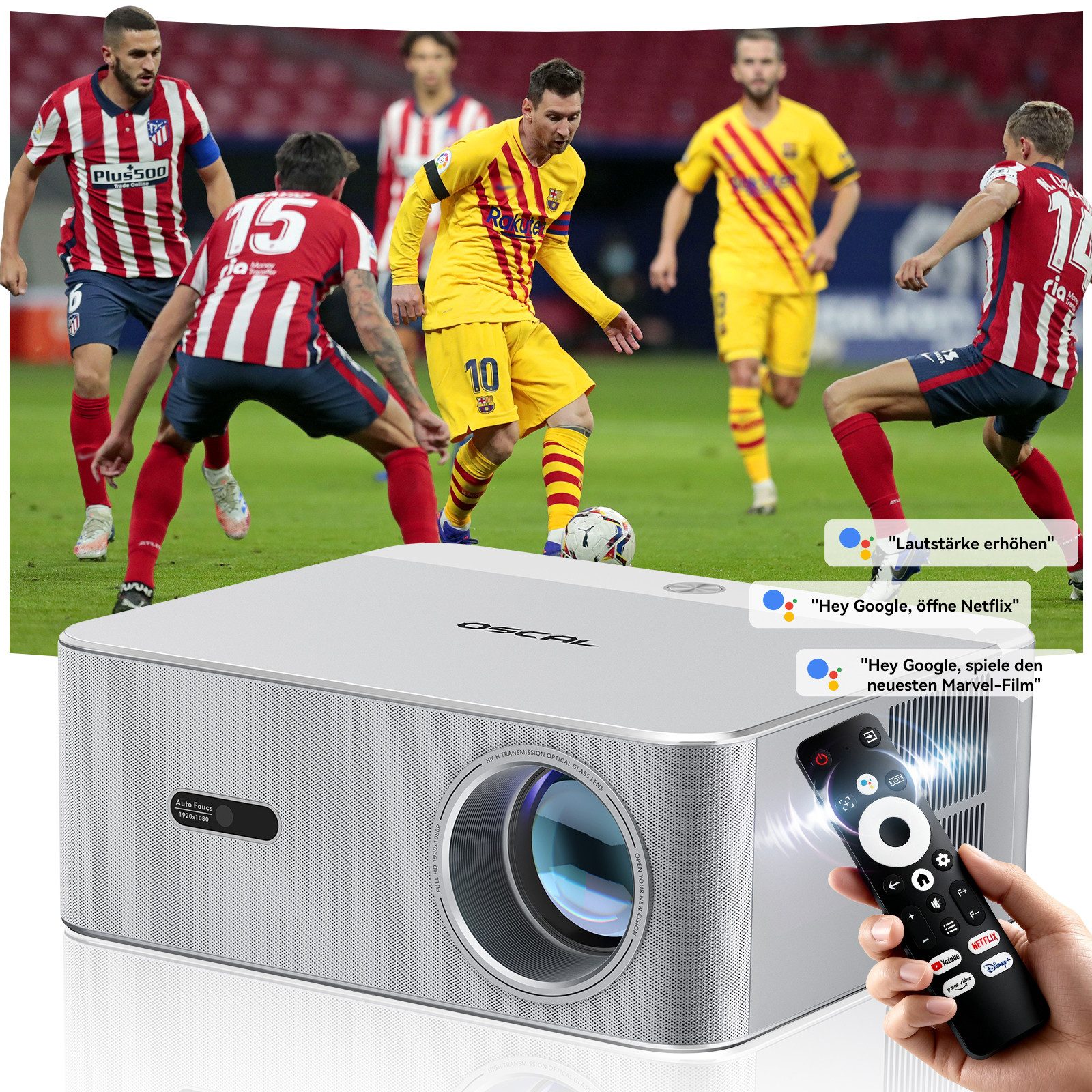 OSCAL PV800 PRO: 1400 ANSI Lumen, 4K, Google TV mit Netflix, WiFi 6 LED-Beamer (1400 lm, Google TV, WiFi 6, Auto-Fokus, Auto-Keystone, BT 5.0, 4000:1 Kontrast)