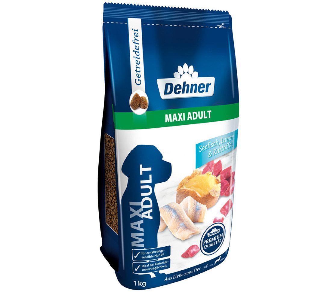 Dehner Premium Maxi Adult Fisch / Lamm / Kartoffel, 4kg / 8kg, getreidefrei Seefisch, 12,5g, Trockenfutter für ausgewachsene Hunde großer Rassen