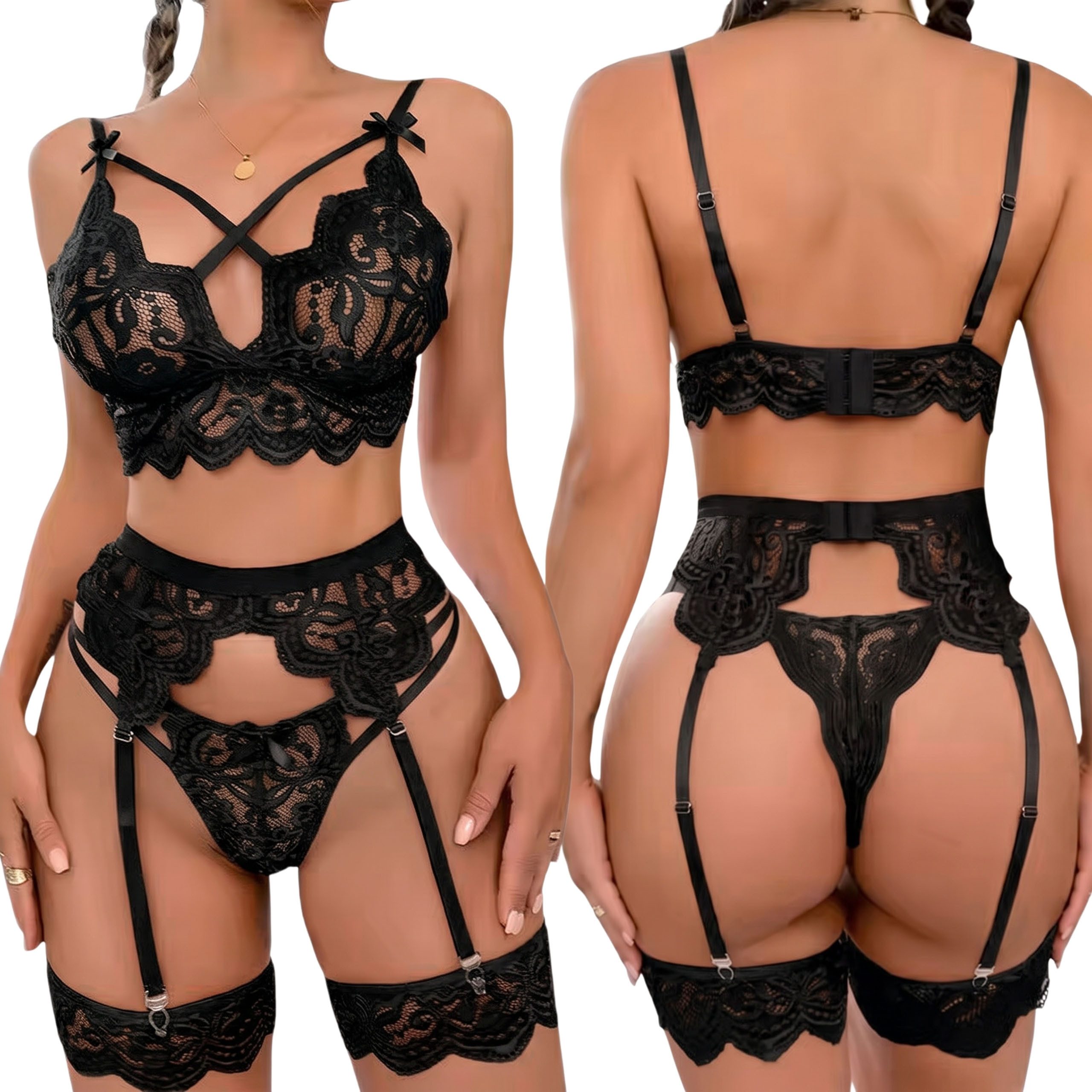 Sarcia.eu Body-Ouvert Sexy Damenunterwäsche aus Spitze, 4-teiliges Set, schwarz