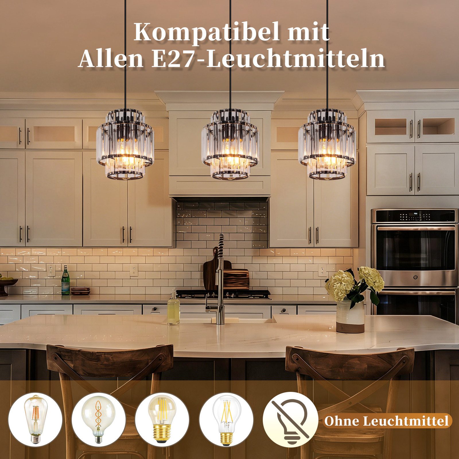 Nettlife Pendelleuchte Glas Kristall 1 Flammig E27 Hängeleuchte Ohne Leuchtmittel, ohne Leuchtmittel, für Esstisch Moderne Esszimmerlampe Wohnzimmer Küche