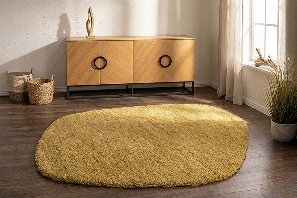 riess-ambiente Designteppich ORGANIC 180x120cm senfgelb - Baumwolle, Hochflor, Indoor, sonnig, oval, Höhe: 2.5 mm, Geeignet für Fußbodenheizungen - ideal für Wohn- und Schlafzimmer