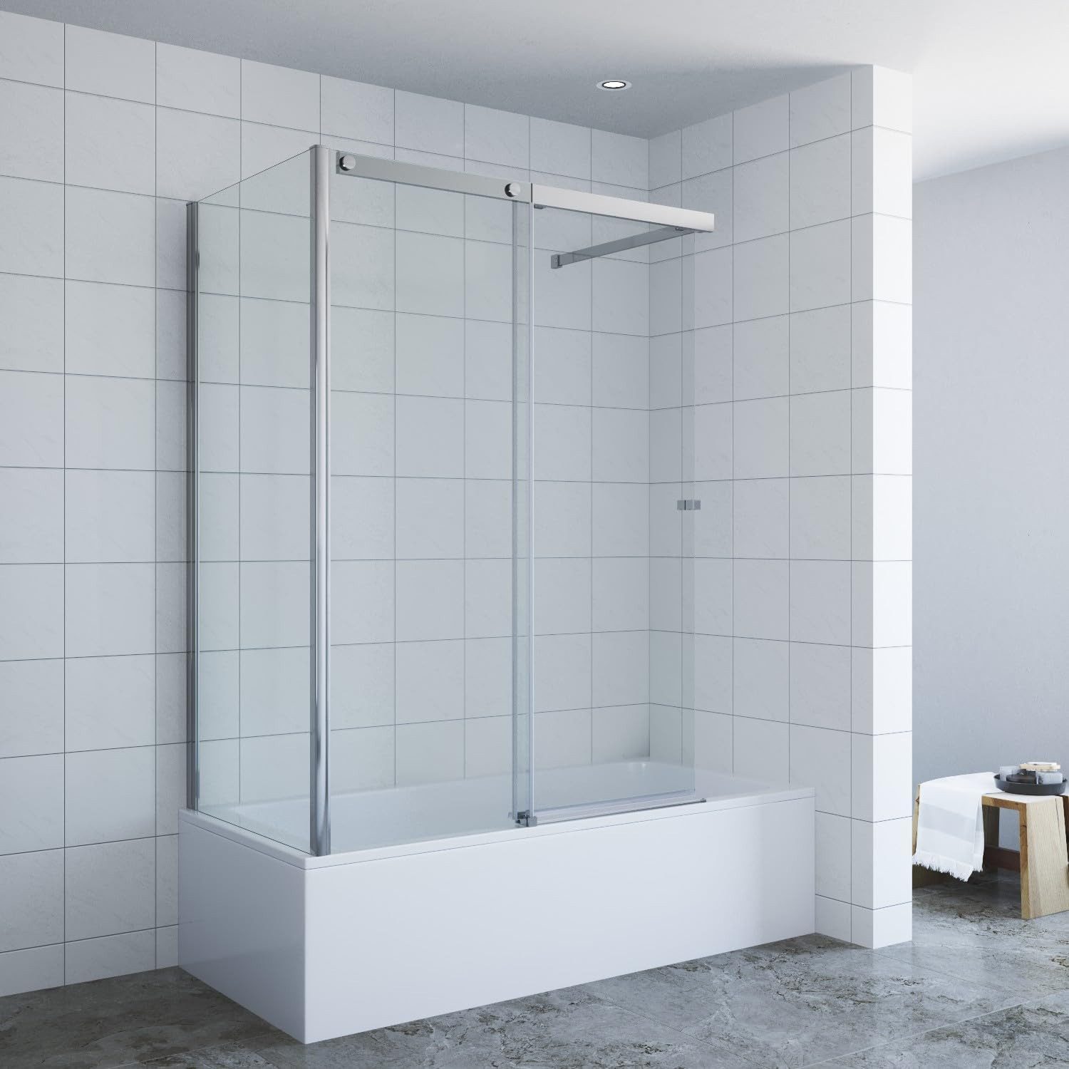 AQUABATOS Badewannenaufsatz Duschwand für Badewanne Eck Duschtrennwand Badewannenaufsatz, Einscheibensicherheitsglas, Nano Beschichtung,Eloxierte Aluminiumprofile,Chromoptik,mit Seitenwand