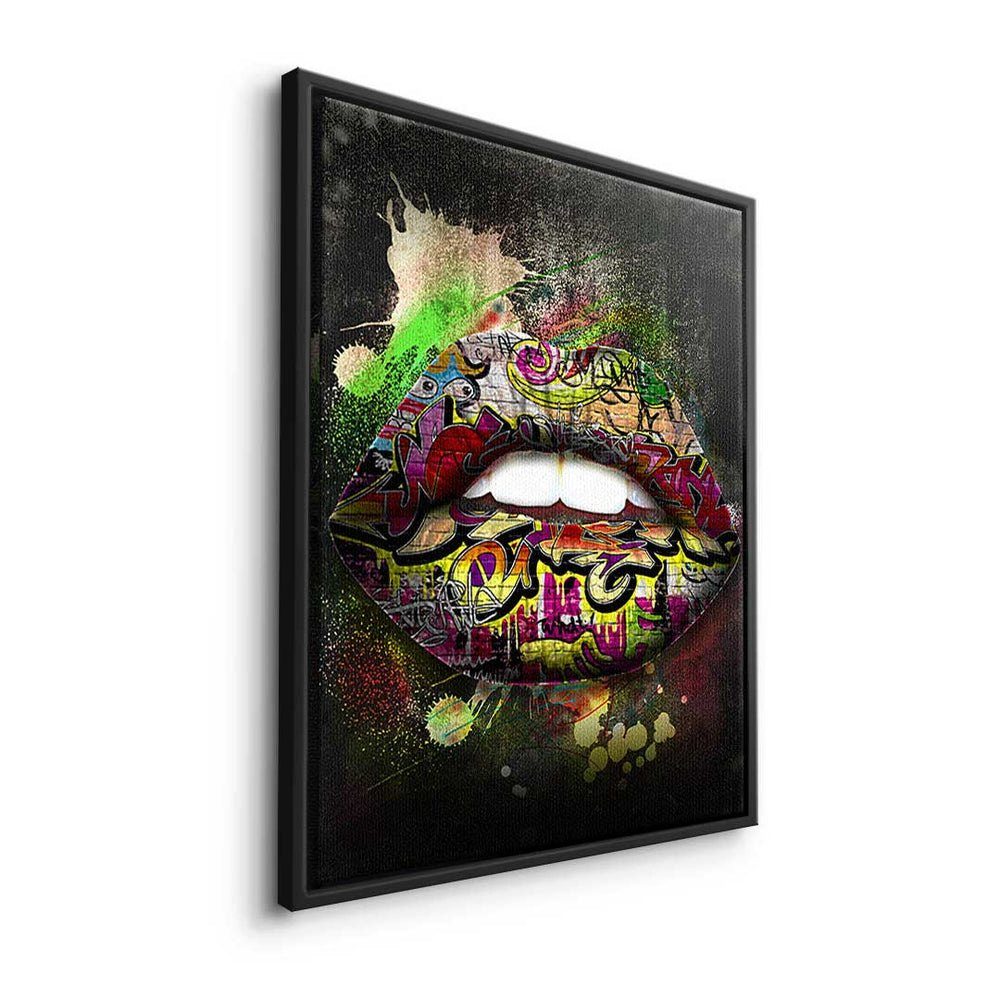 Pop modernes Rahmen - Graffiti - Premium - Wandbild Leinwandbild Art DOTCOMCANVAS® schwarzer Leinwandbild, Lips