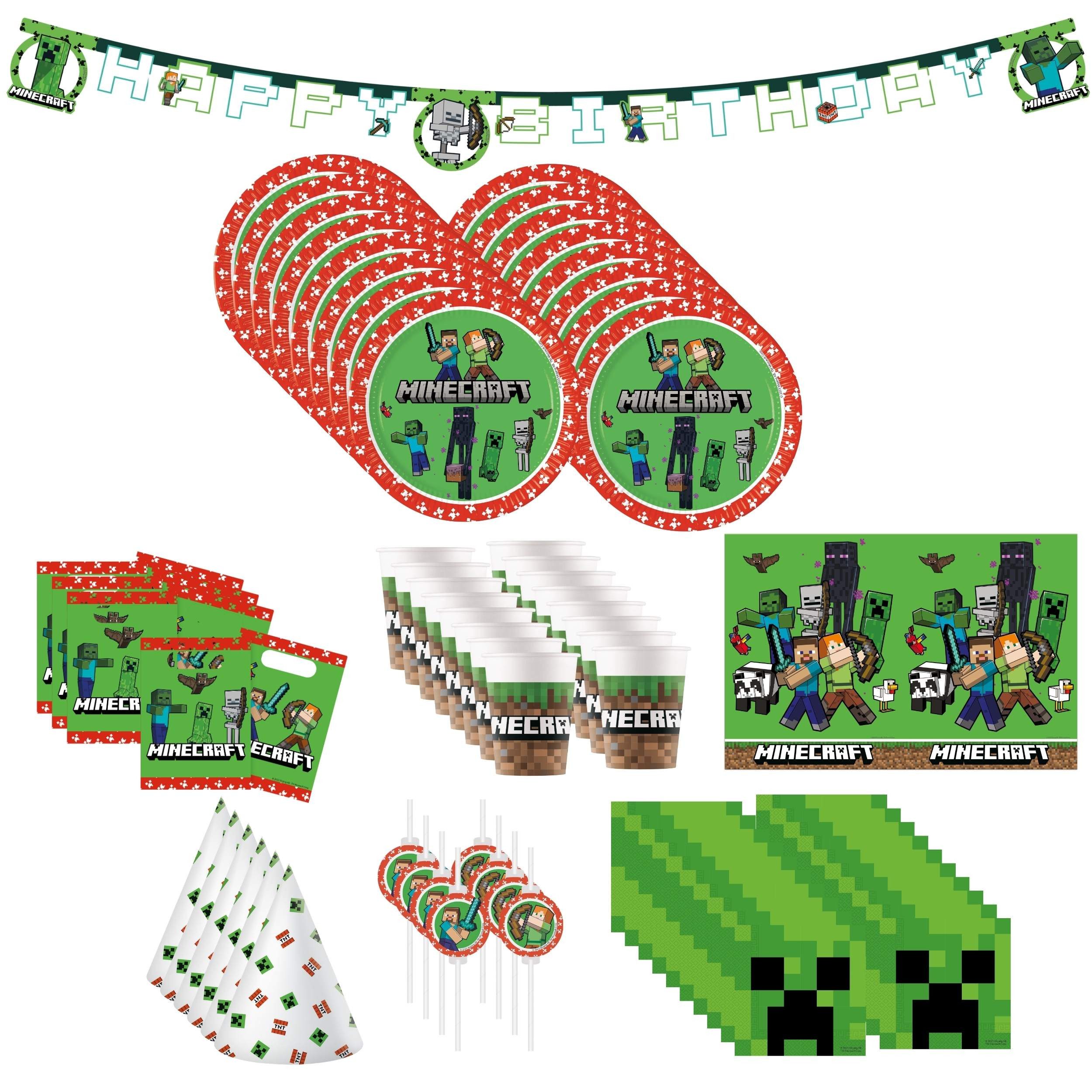 Procos Einweggeschirr-Set 76-tlg. Minecraft Party Set für Kindergeburtstag, 16 Personen