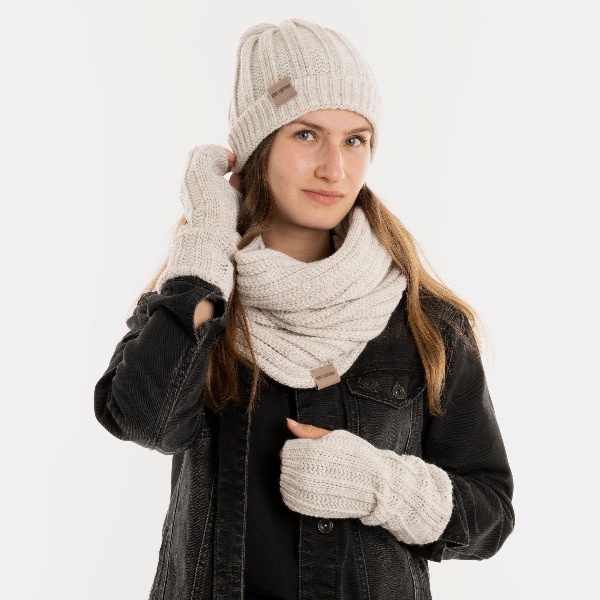 Knit Factory Armstulpen Nica Armstulpen Beige One Size Gestreift (Set, 1-St., Spar-Set) Strick accesoires Wohnen sale winter herbst deko mode Damen Herren