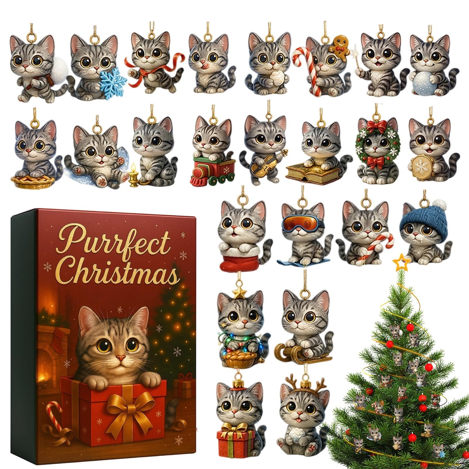 CLTYQ Adventskalender Katzen-Adventskalender 2025 für Katzenliebhaber,Acryl-Katzenkalender, Weihnachts-Countdown-Kalender mit 24 Tagen,flacher Anhänger