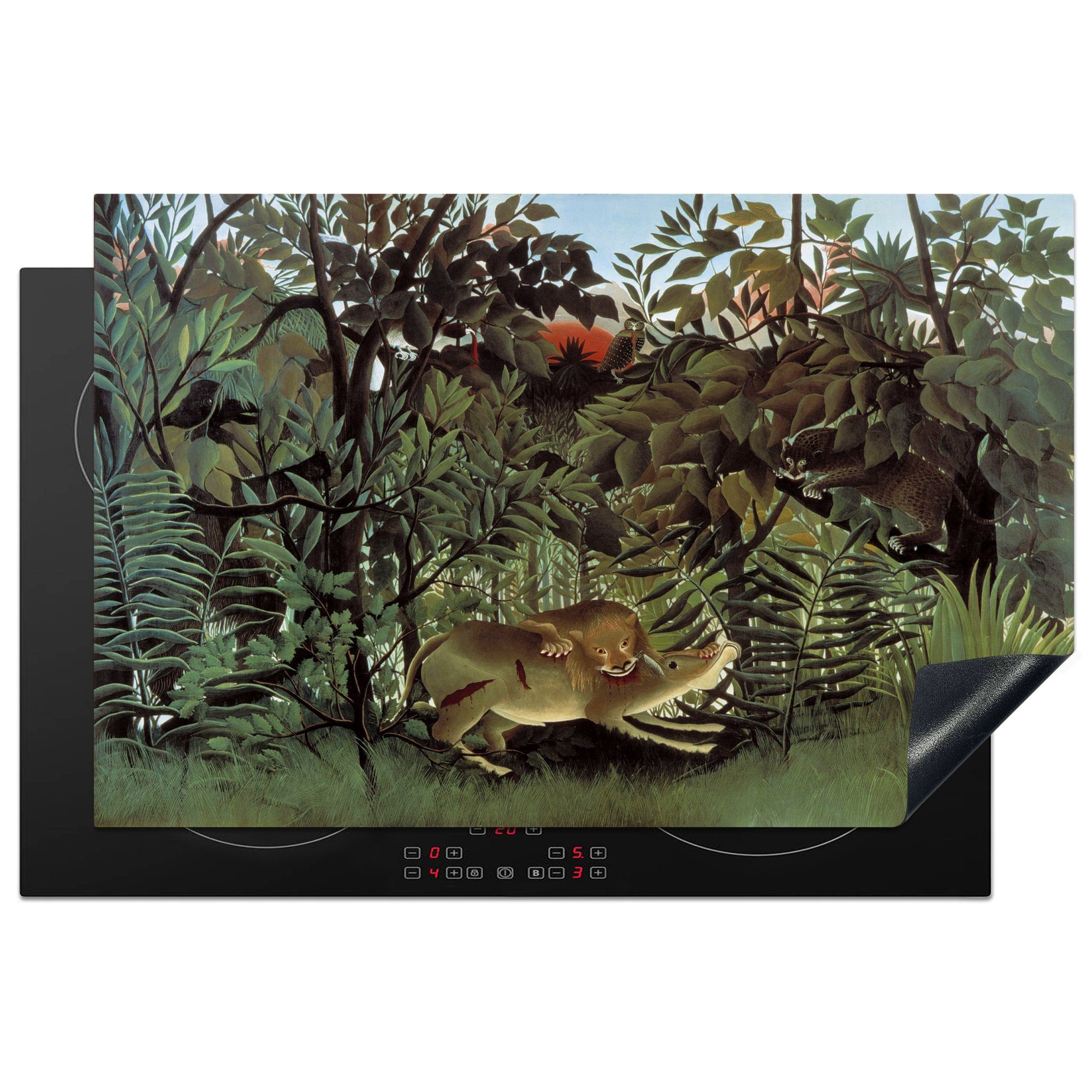 MuchoWow Herdblende-/Abdeckplatte Der hungrige Löwe - Henri Rousseau, Vinyl, (1 tlg), 81x52 cm, Induktionskochfeld Schutz für die küche, Ceranfeldabdeckung
