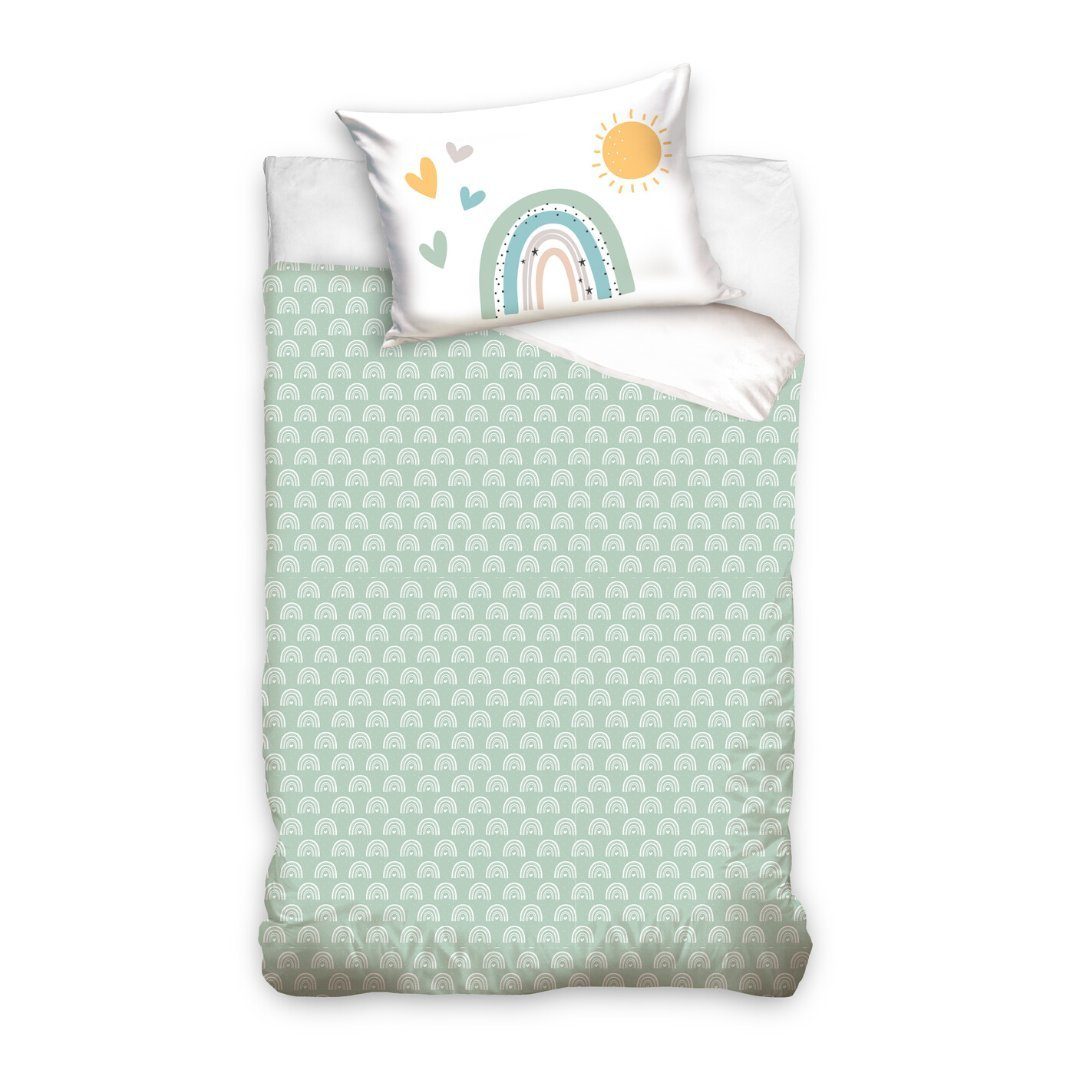 MTOnlinehandel Babybettwäsche Regenbogen Sonne Sterne & Herz 100x135 + 40x60 cm, 100 % Baumwolle, Renforcé, 2 teilig, Kleinkinderbettwäsche mit Reißverschluss