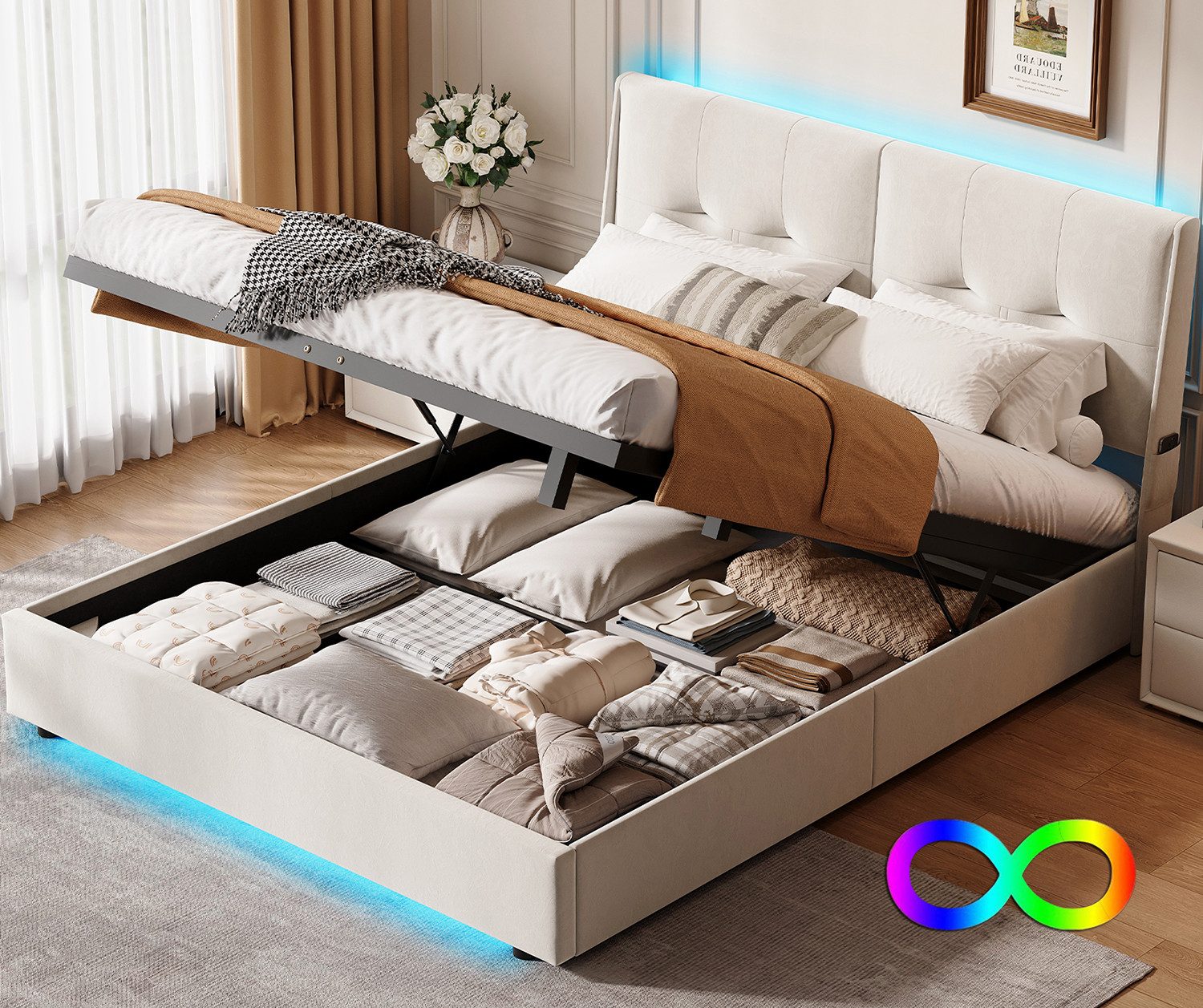 ADWOLT Polsterbett Doppelbett Stauraumbett mit LED-Licht (Bettgestell, 1-tlg., Mit Kopfteil und Lattenrost), 140x200 cm,Kopfteil mit Seitentaschen zur Aufbewahrung,Samt