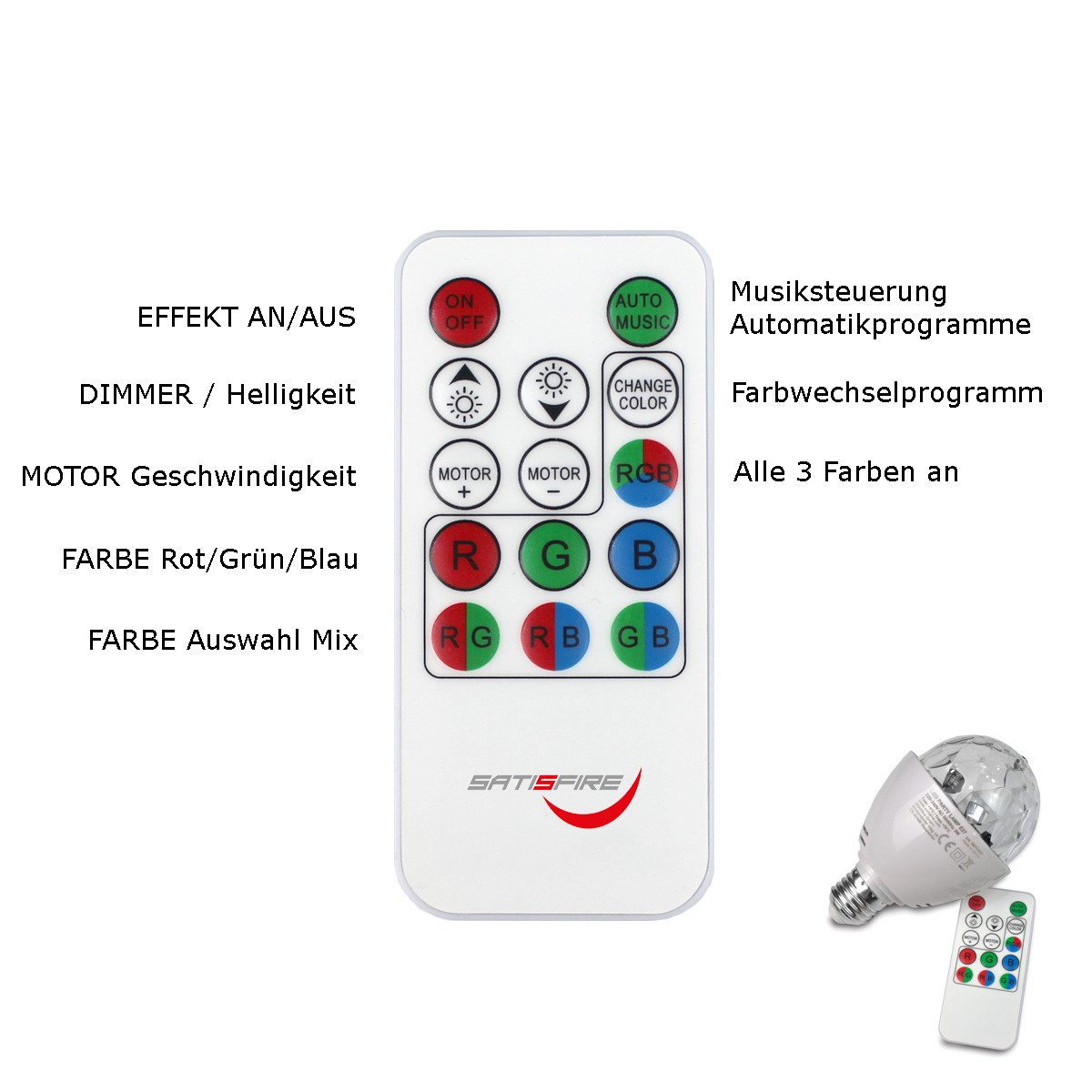 SATISFIRE Discolicht PARTY LAMP E27 Fassung raumfüllender LED Partyeffekt Fernbedienung, LED Classic – Bild 3 von 5