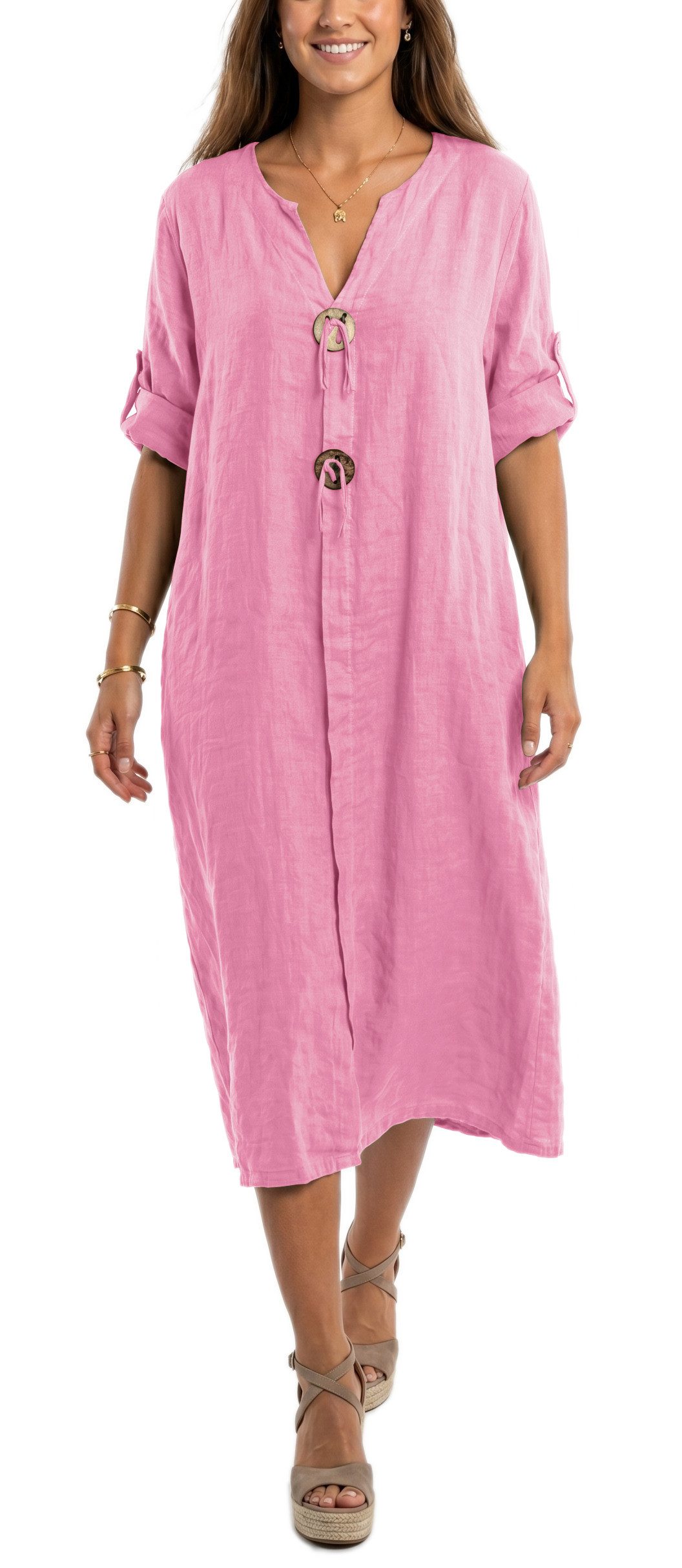 dy_mode Hemdblusenkleid Damen Leinenkleid Midi Hemdblusenkleid mit V-Ausschnitt Freizeitkleid in Unifarbe, V-Ausschnitt, mit seitlichen Eingriffstaschen