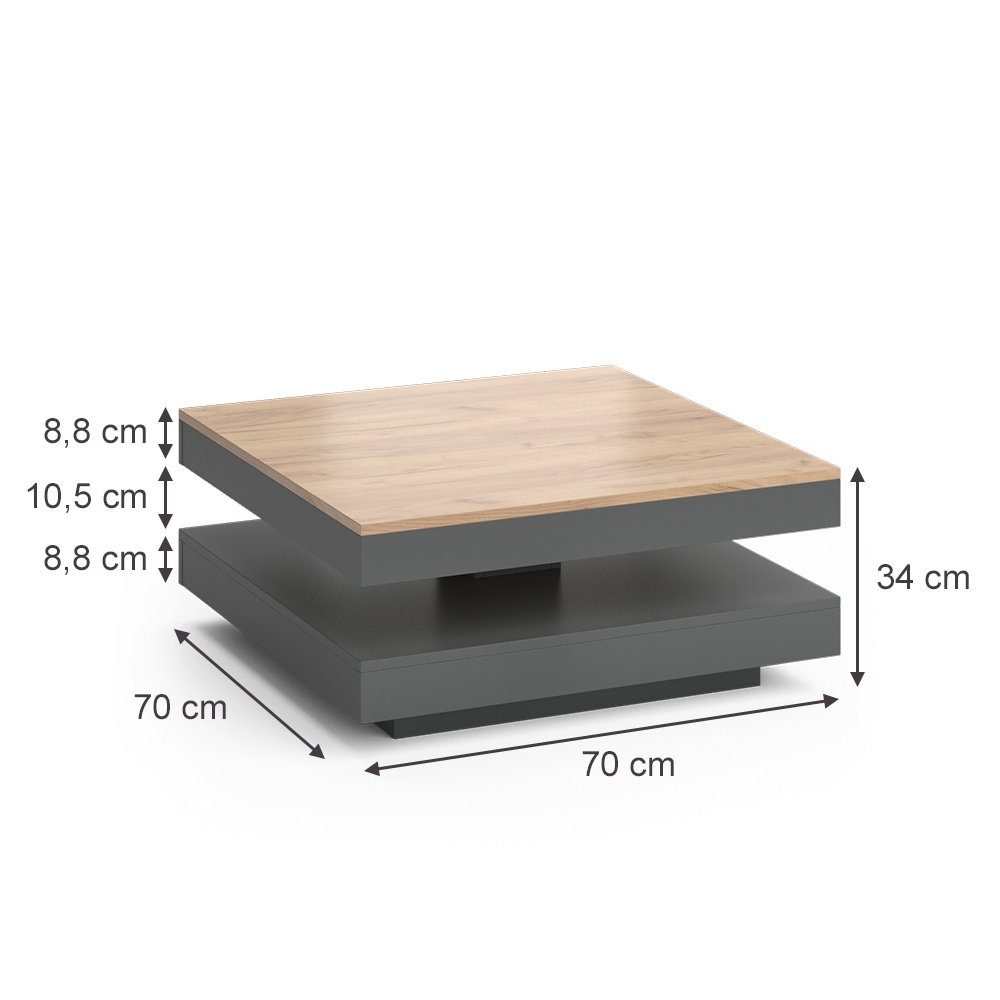 Vicco Couchtisch Elias, Anthrazit/Goldkraft Eiche, 70 x 70 cm (1-St), Multifunktionell