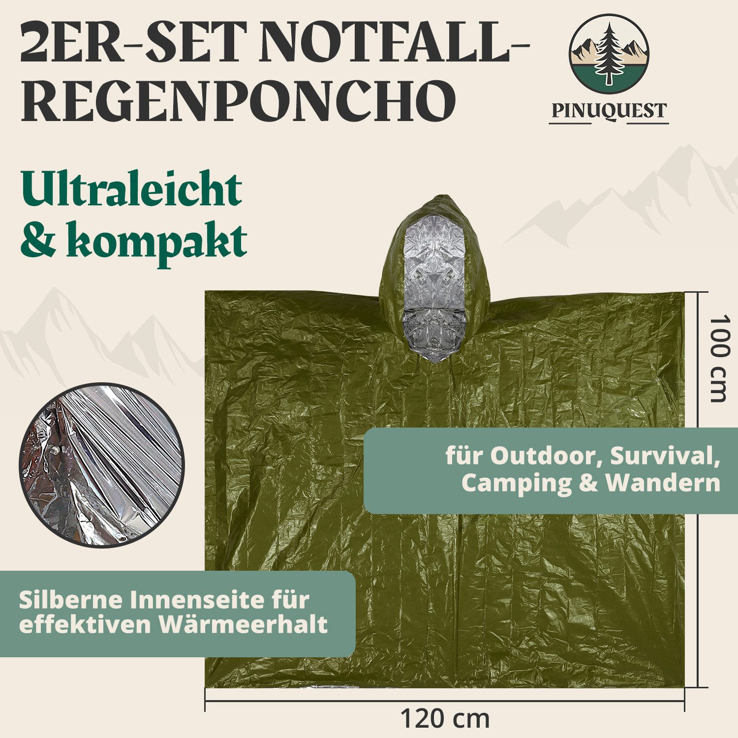 PINUQUEST Regenponcho Notfall-Poncho 26 µm grün (2-St) Poncho für Notfälle, günstig online kaufen