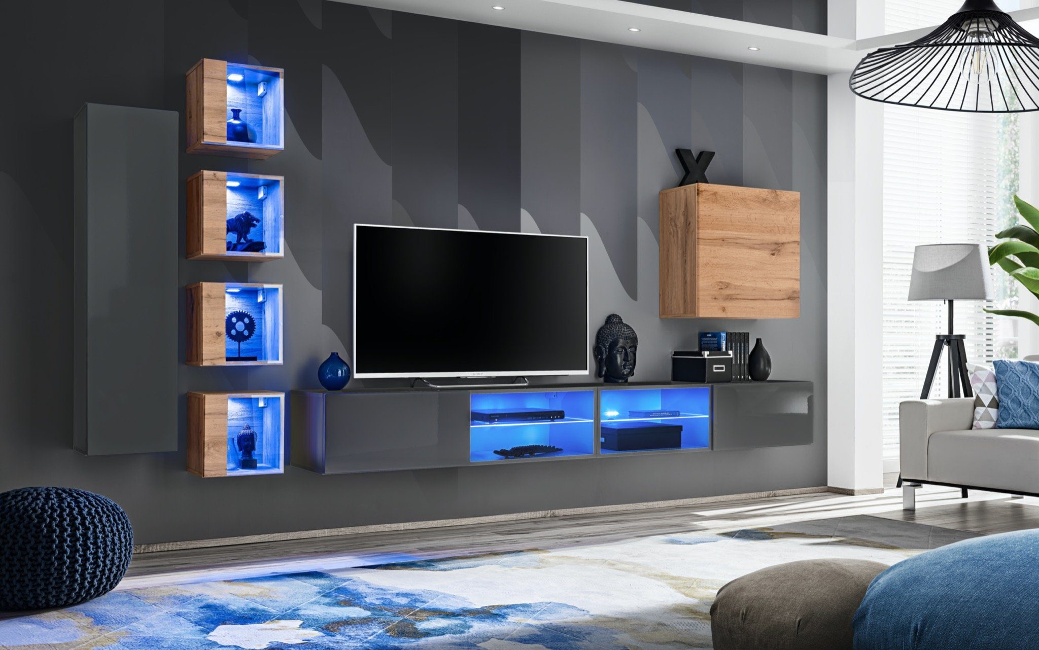 JVmoebel Wohnwand Wohnzimmer Wohnwand Modern TV-Ständer Wandschrank Regale, (8-St., 2x TV Ständer + 6x Wandschrank), LED beleuchtet