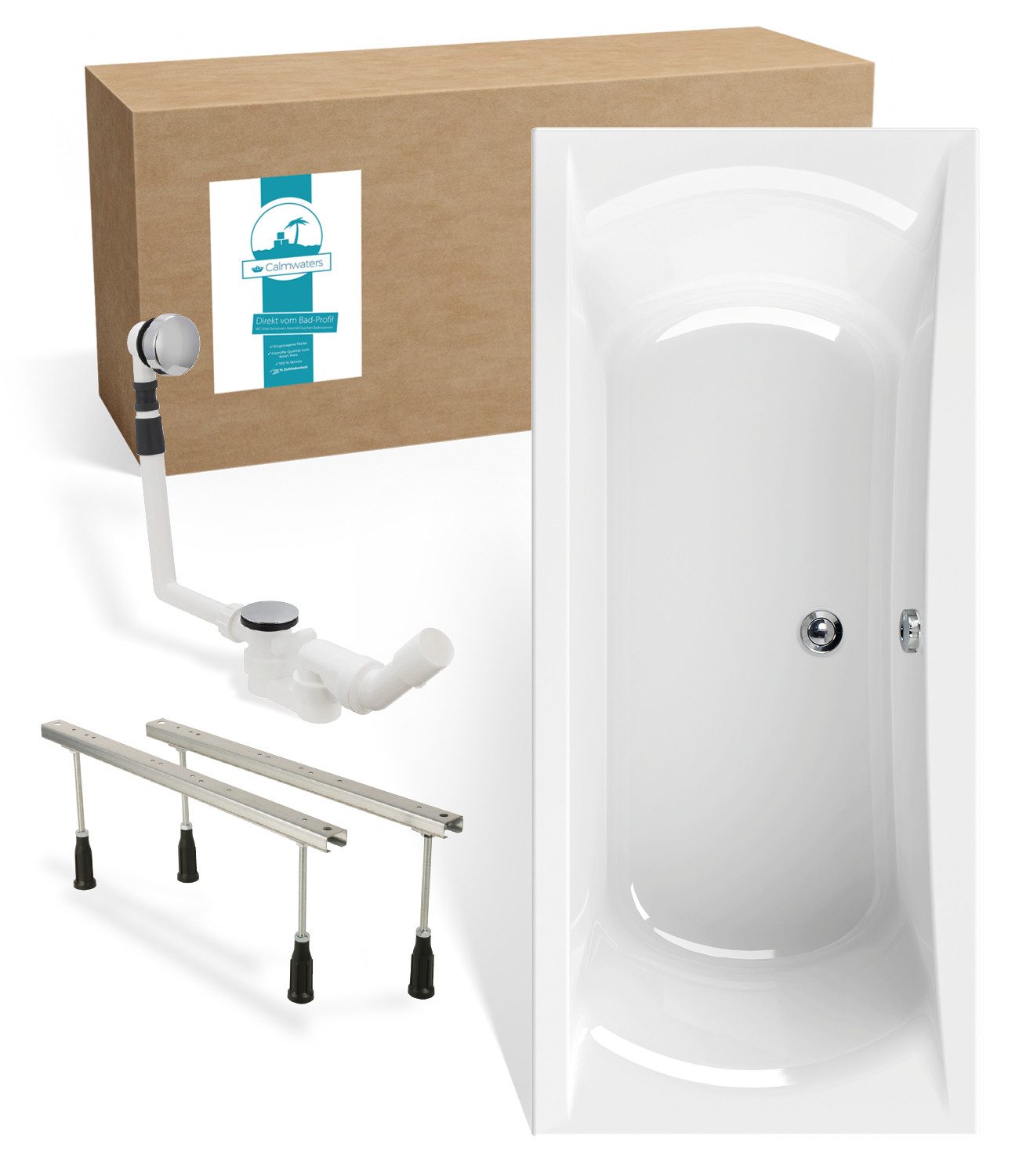 Calmwaters Badewanne Modern Curved, Duowanne, 180 x 80 cm, Acryl, Wannenfuß, Ablaufgarnitur, 99000299