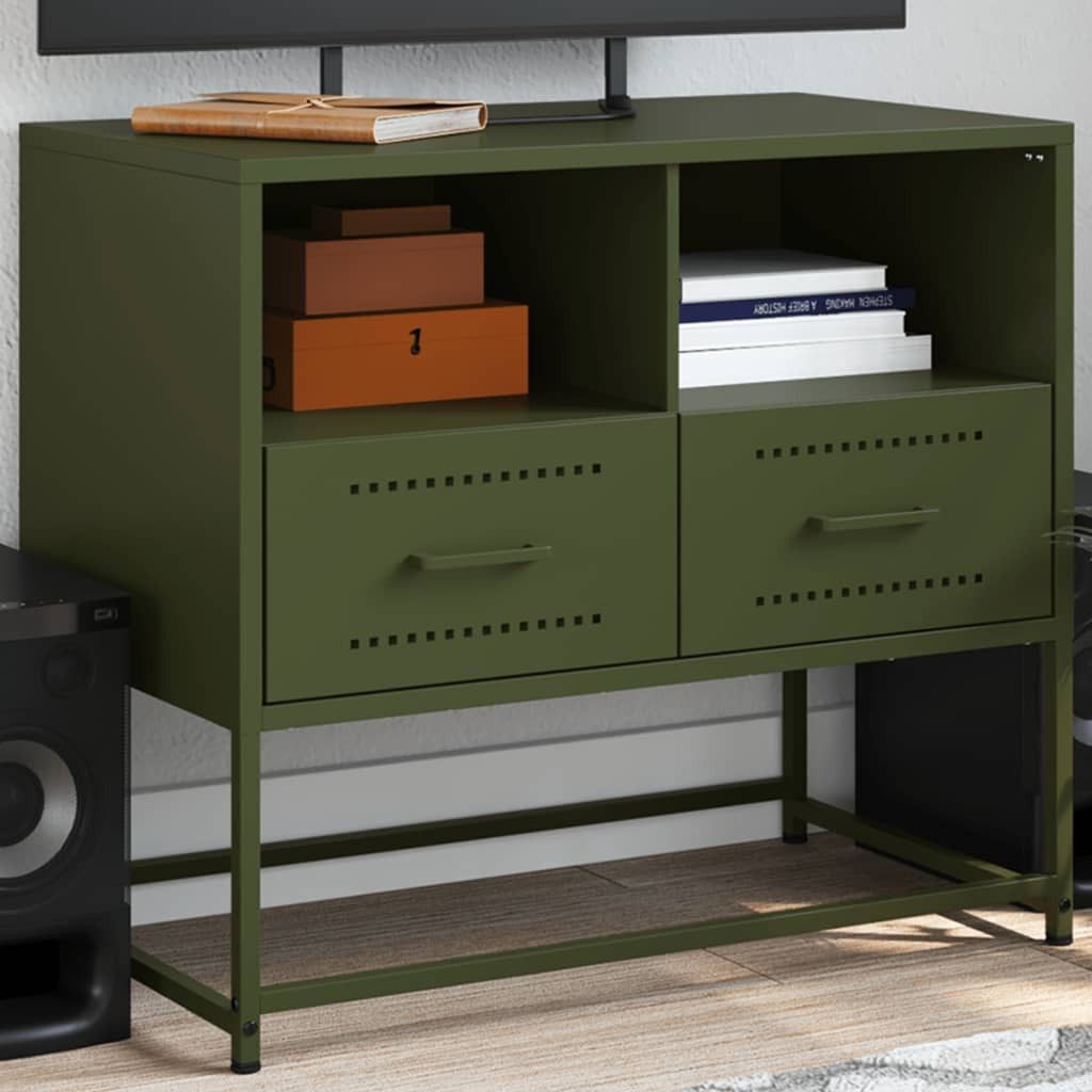 furnicato TV-Schrank im Industrie-Stil 68 x 39 x 60,5 cm Olivgrün (1-St) TV-Lowboard mit 2 Schubladen und Fächern für das Wohnzimmer