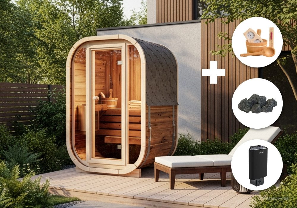 FinnTherm Fasssauna Komplettset - Ellipso S, BxTxH: 135 x 113 x 210 cm, 42 mm, (Set) in Naturbelassen Inkl. Fußboden