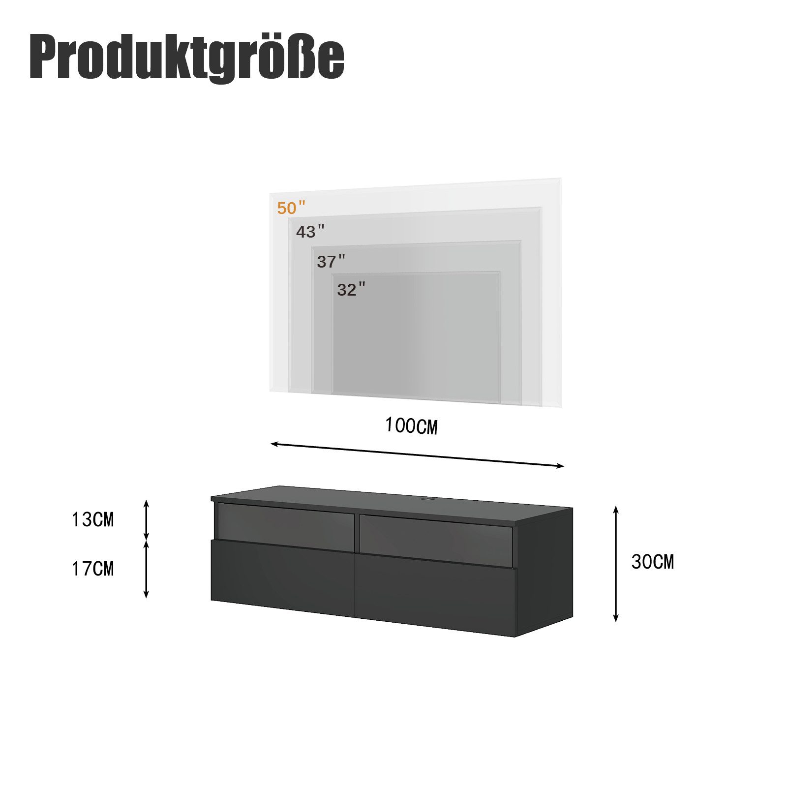 radelldar Lowboard mit LED-Beleuchtung, TV-Schrank, hängend (1 St), 100 cm breit, griffloses TV-Board, 2 Schubladen mit Acryl