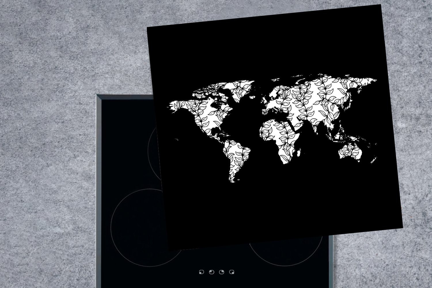 Weltkarte Ceranfeldabdeckung, - weiß (1 cm, Arbeitsplatte küche Pflanzen, - für Herdblende-/Abdeckplatte MuchoWow tlg), Schwarz und Vinyl, 78x78
