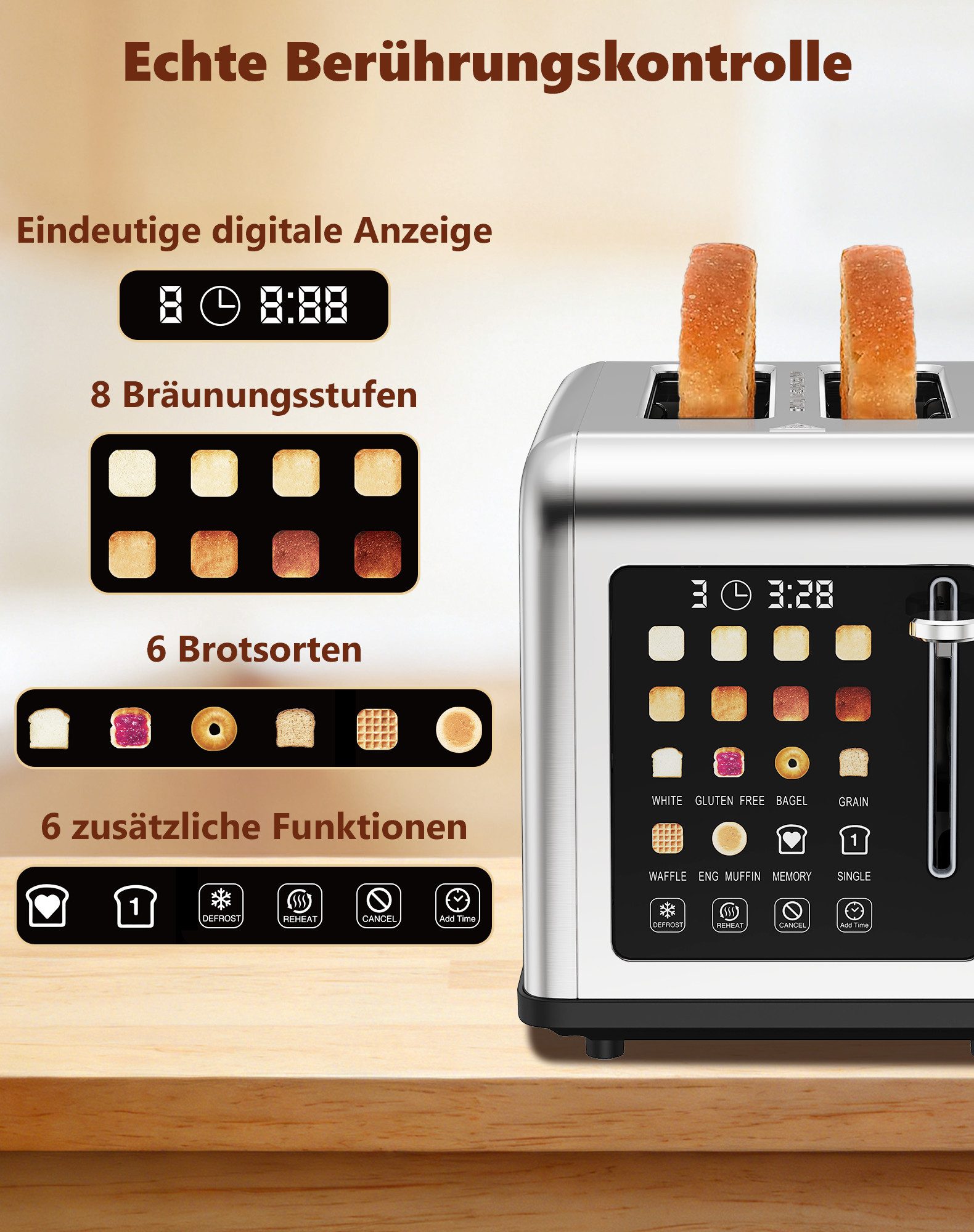 Fofile Toaster 2/4 Scheiben mit Abbruch-, Auftau- & Aufwärmfunktion, 4 kurze Schlitze, für 4 Scheiben, 1760 W, LED Anzeige, Berührungskontrolle, 8 Bräunungsstufen, 6 Brotsorten