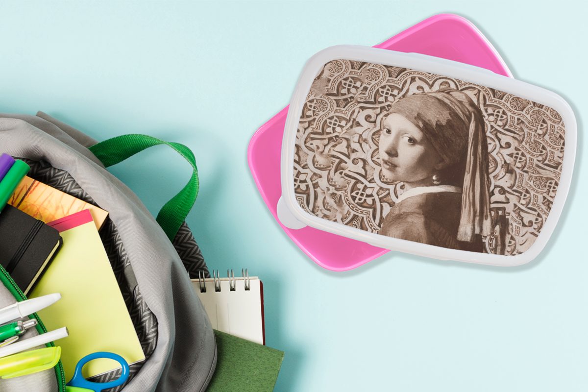 MuchoWow Lunchbox Das Mädchen mit - Brotbox Johannes Kunststoff, rosa - Brotdose Perlenohrring Erwachsene, Snackbox, Kinder, (2-tlg), für Braun, Mädchen, Kunststoff Vermeer dem