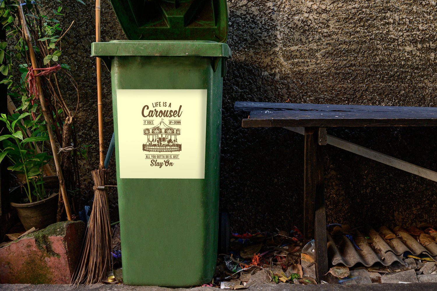 Sticker, St), Mülltonne, MuchoWow Zitate Karussell Container, Mülleimer-aufkleber, Wandsticker Jahrgang - - (1 Abfalbehälter