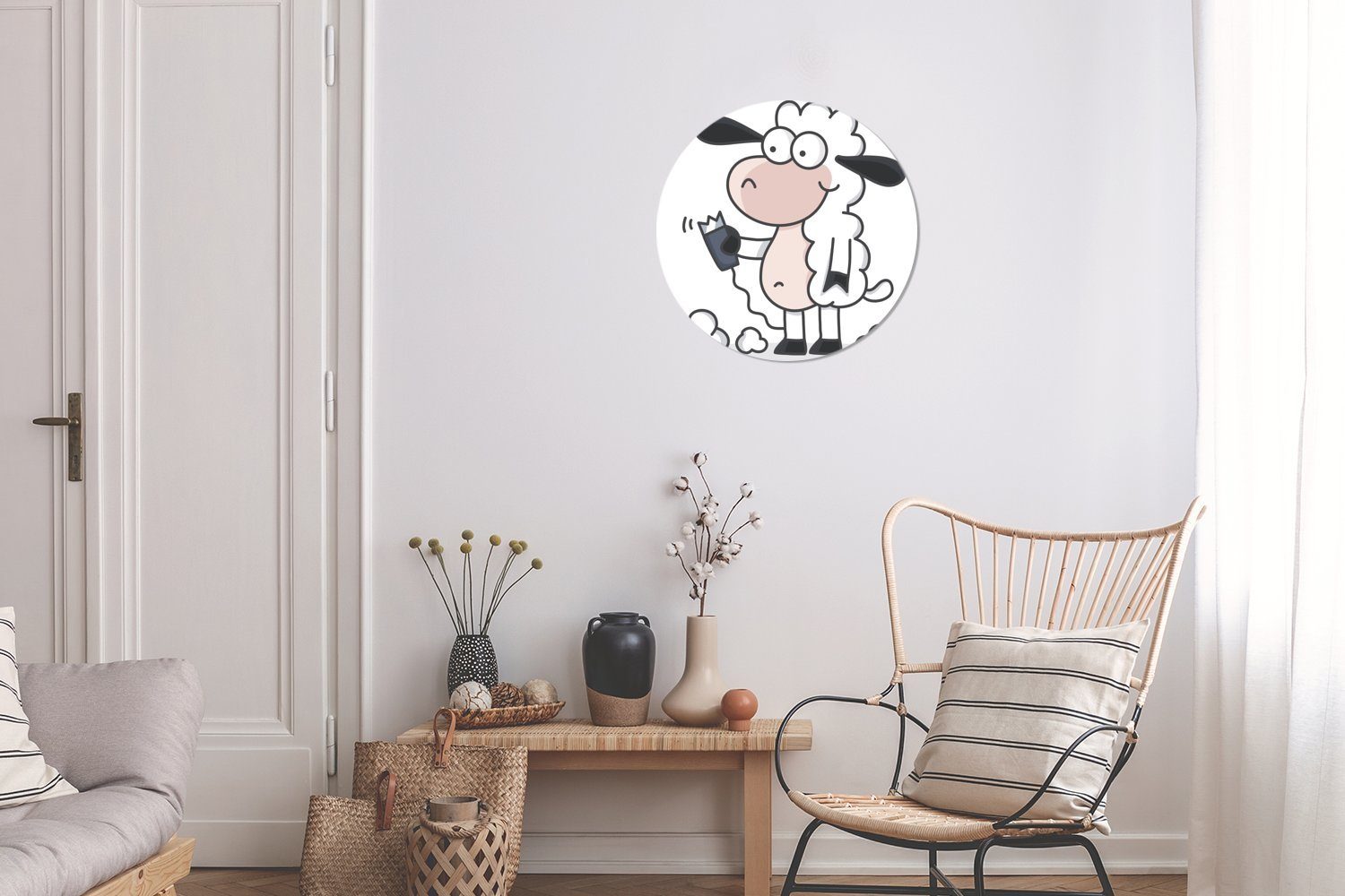 eines mit MuchoWow Illustration St), für Wohnzimmer (1 Schafs Tapetenaufkleber, Wandsticker Tapetenkreis Rund, Kinderzimmer, einem Rasierapparat