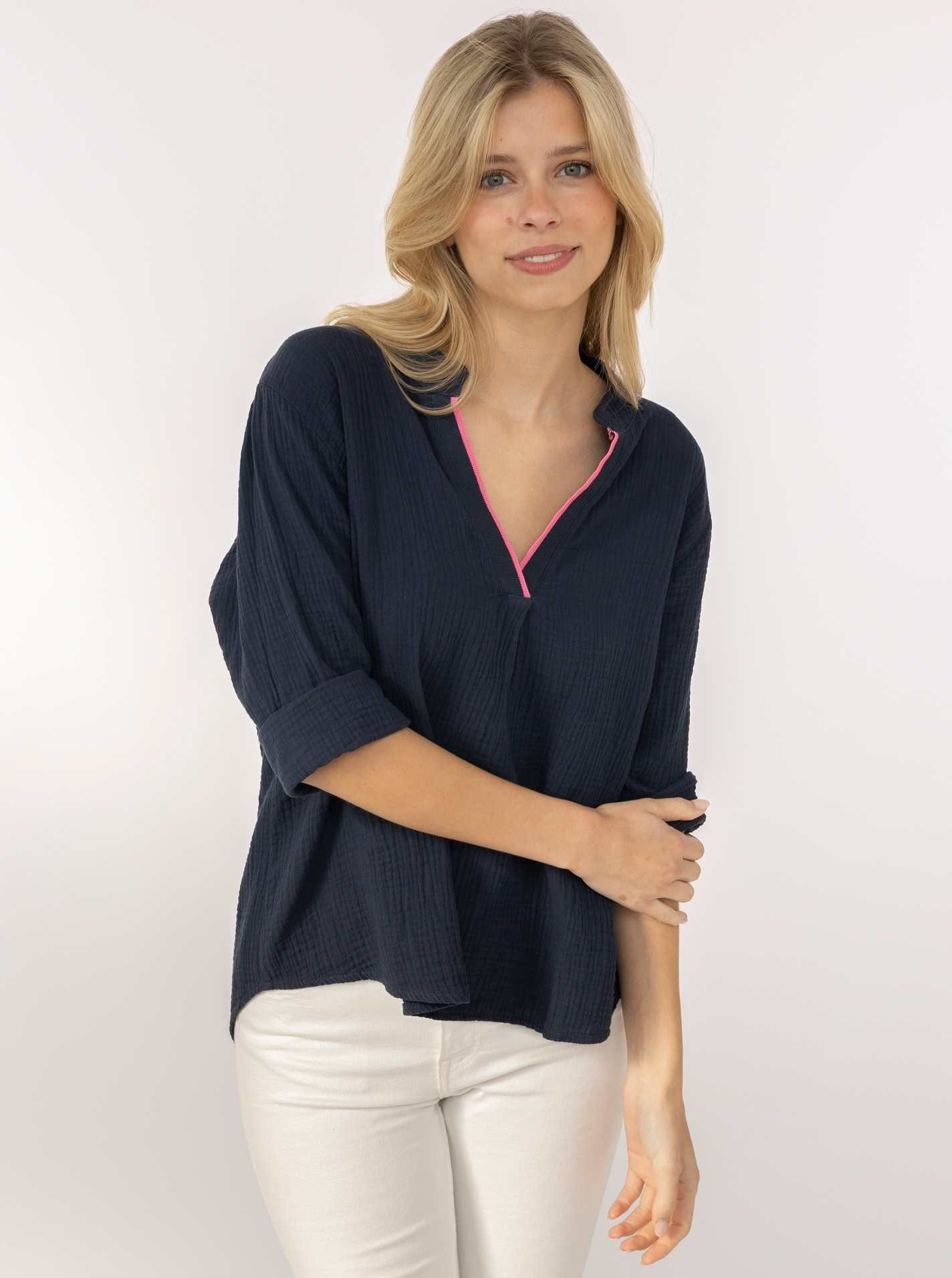 Zwillingsherz Schlupfbluse "Neon Kante" Musselin, eingefasster V-Neck in Neon, 3/4 Arm, hinten leicht länger