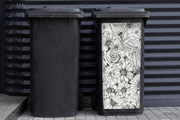 MuchoWow Wandsticker Eine schwarz-weiße florale Illustration (1 St), Mülleimer-aufkleber, Mülltonne, Sticker, Container, Abfalbehälter