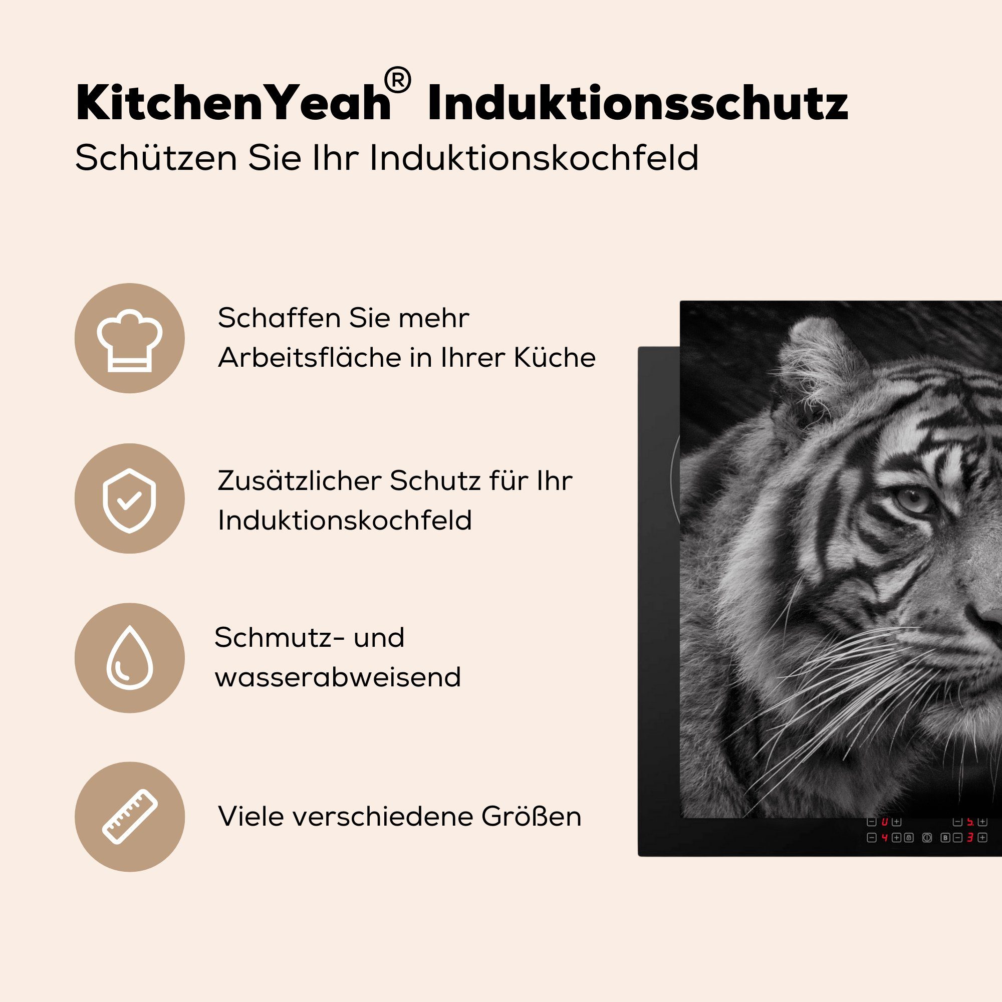 MuchoWow Herdblende-/Abdeckplatte Tiger - Weiß, Ceranfeldabdeckung, - Vinyl, - für küche Schwarz Arbeitsplatte (1 cm, 78x78 Wild tlg)