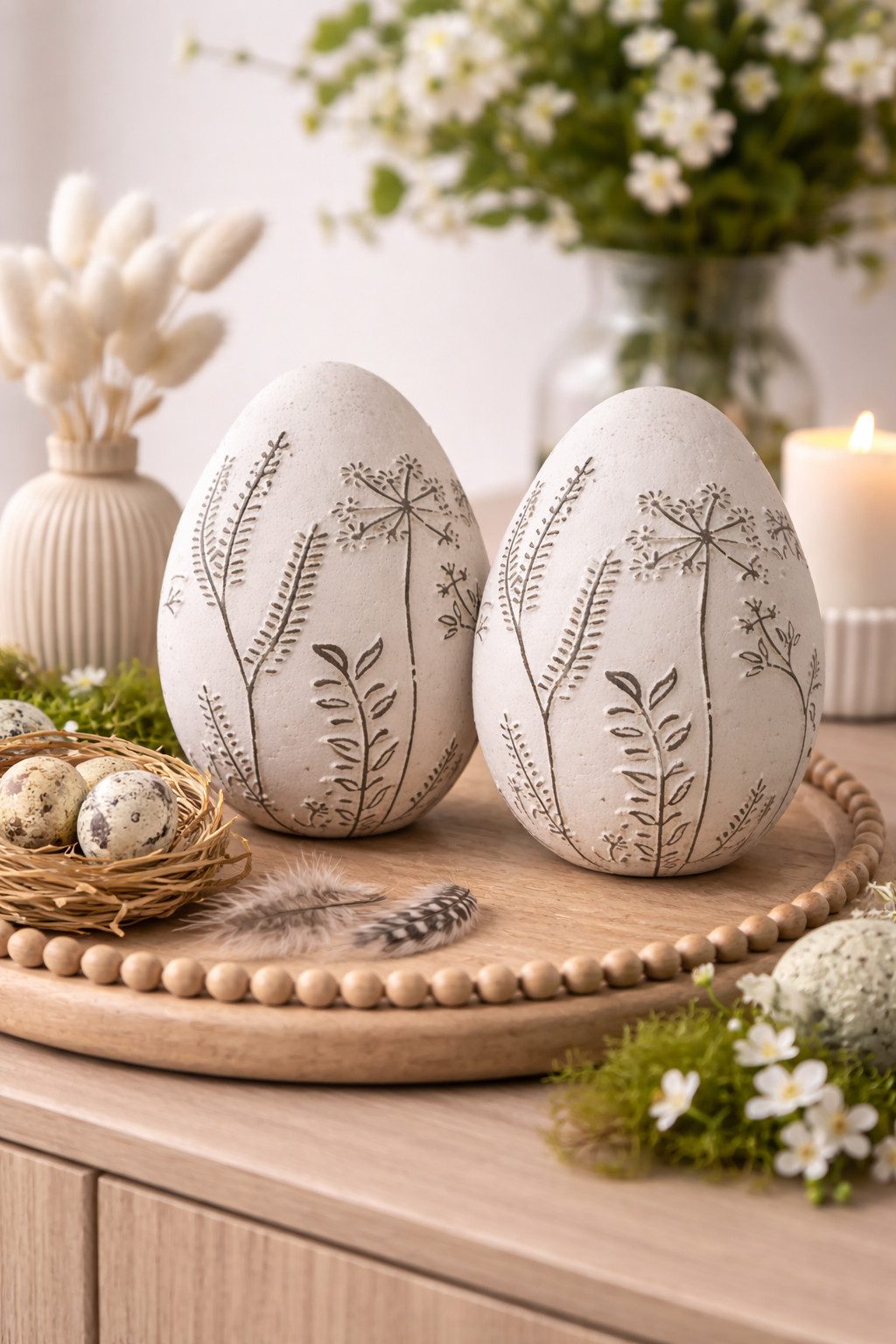 finehomegarden Osterei Ei mit Gräser-Motiv Zement 2er Set weiß/schwarz Modernes Deko-Ei (Set, 2 St., 2tlg), Ø12cm H15cm Stilvolle Oster- und Frühlingsdekoration für Innenbereich