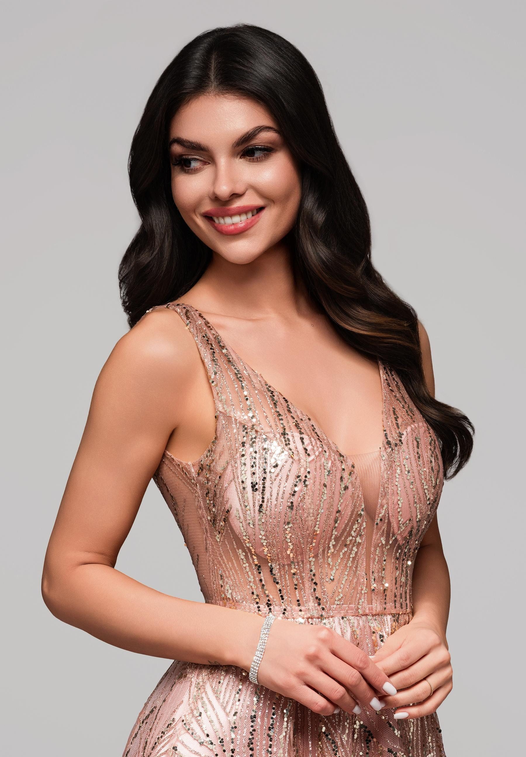 OMBRE Abendkleid Elegantes Abendkleid mit Glitzer-Stickereien und tiefem V- günstig online kaufen