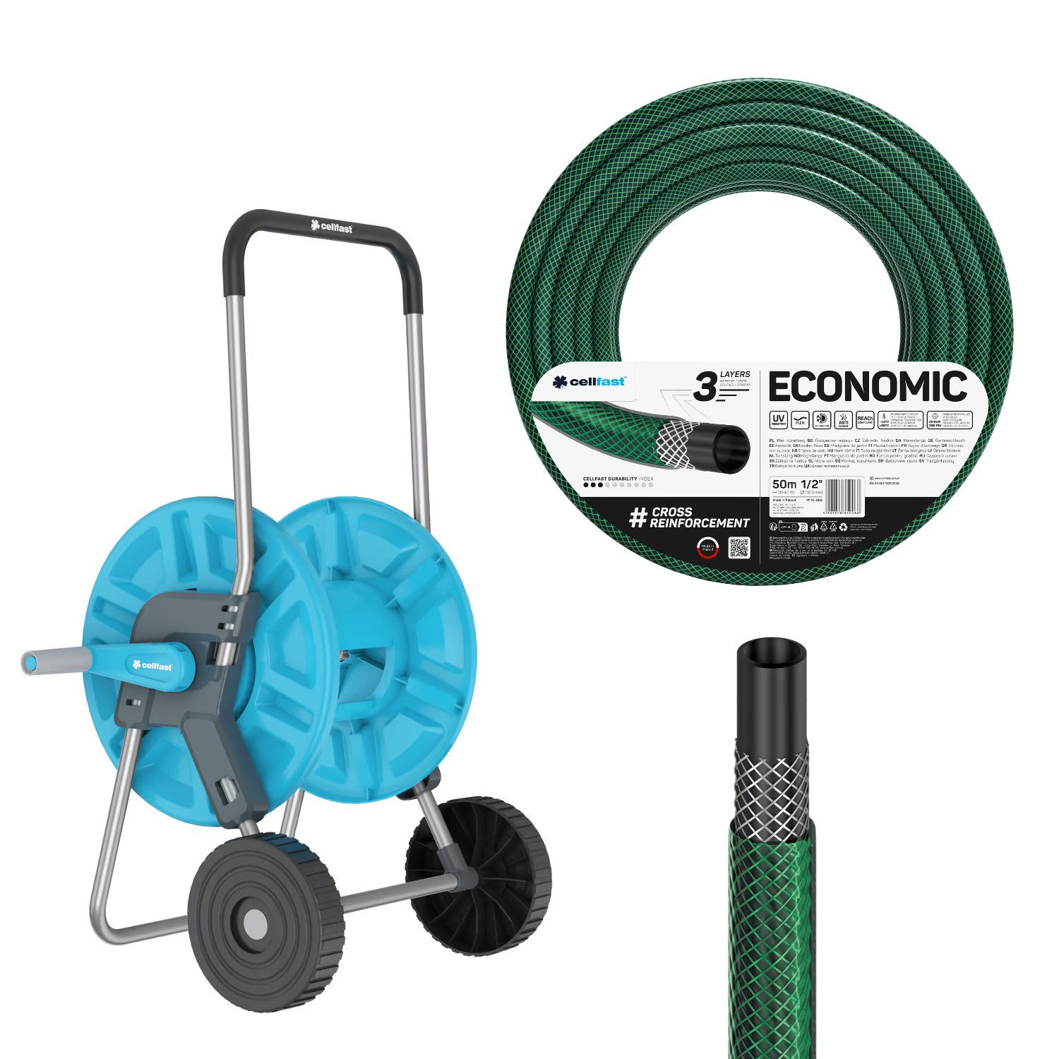 Cellfast Schlauchwagen Aluplus 1/2" 60 m + Economic Gartenschlauch 1/2" 50 m, Anti Algae, Flexi, ReaCh Compliant, UV Resistant