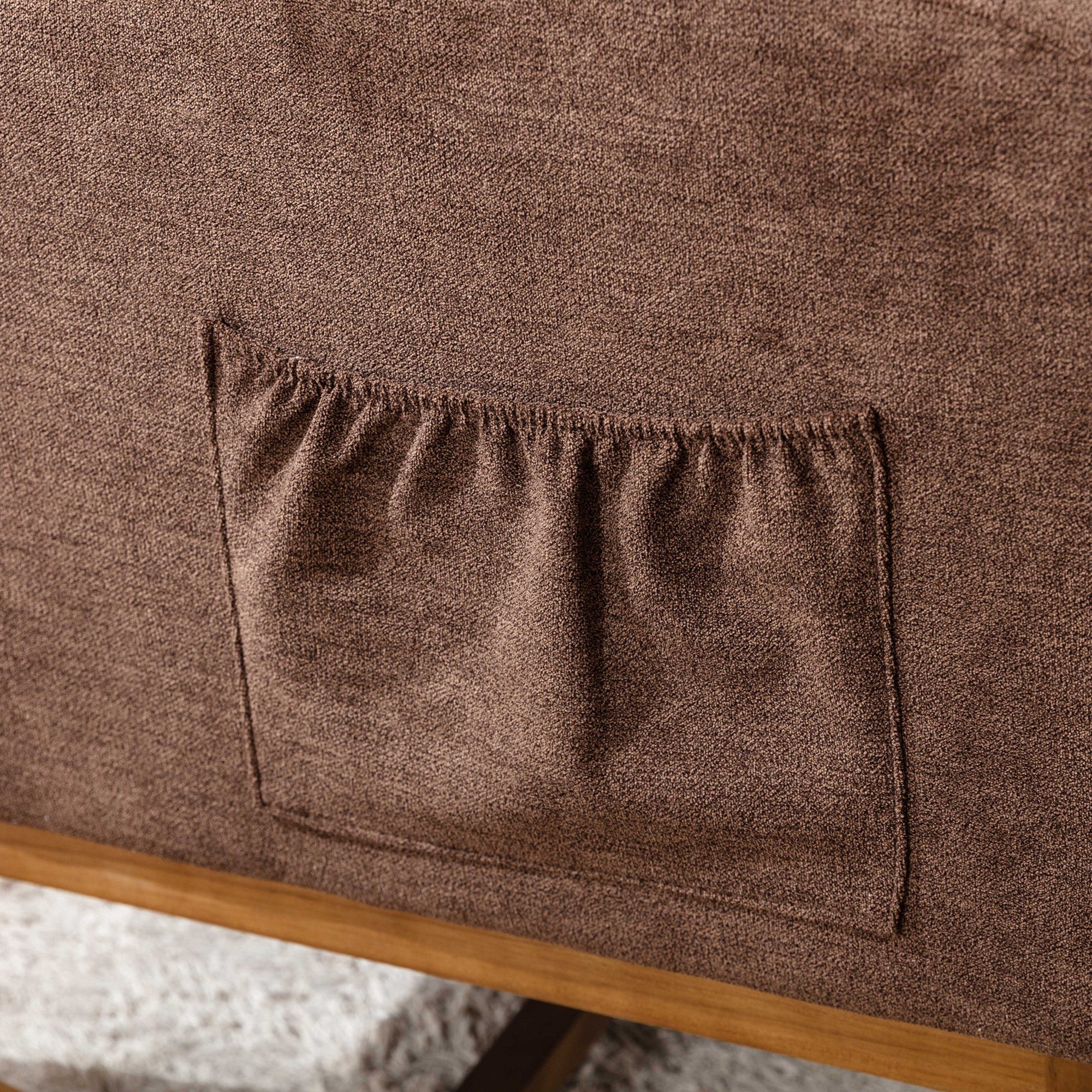 Merax Relaxsessel gepolstert mit Seitentasche hohe Schaukelstuhl mit Braun Massivholzrahmen, Schwingsessel, Relaxstuhl und Rücklehne