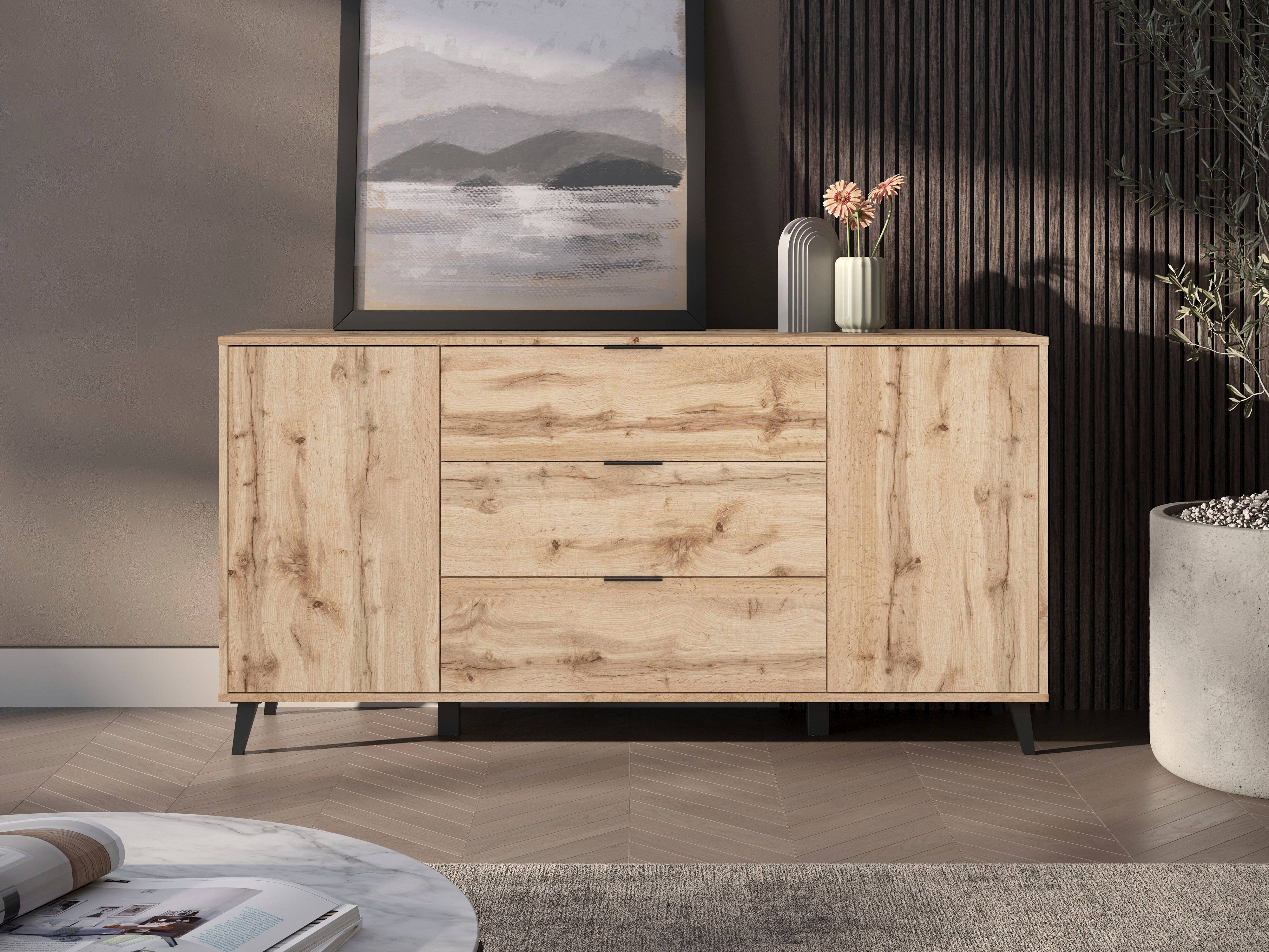 OTTO home Sideboard Oslo, B/H/T: 150/76/39,5 cm, 3 Schubladen, 2 Türen mit Push-to-open, schwarze Metallgriffe