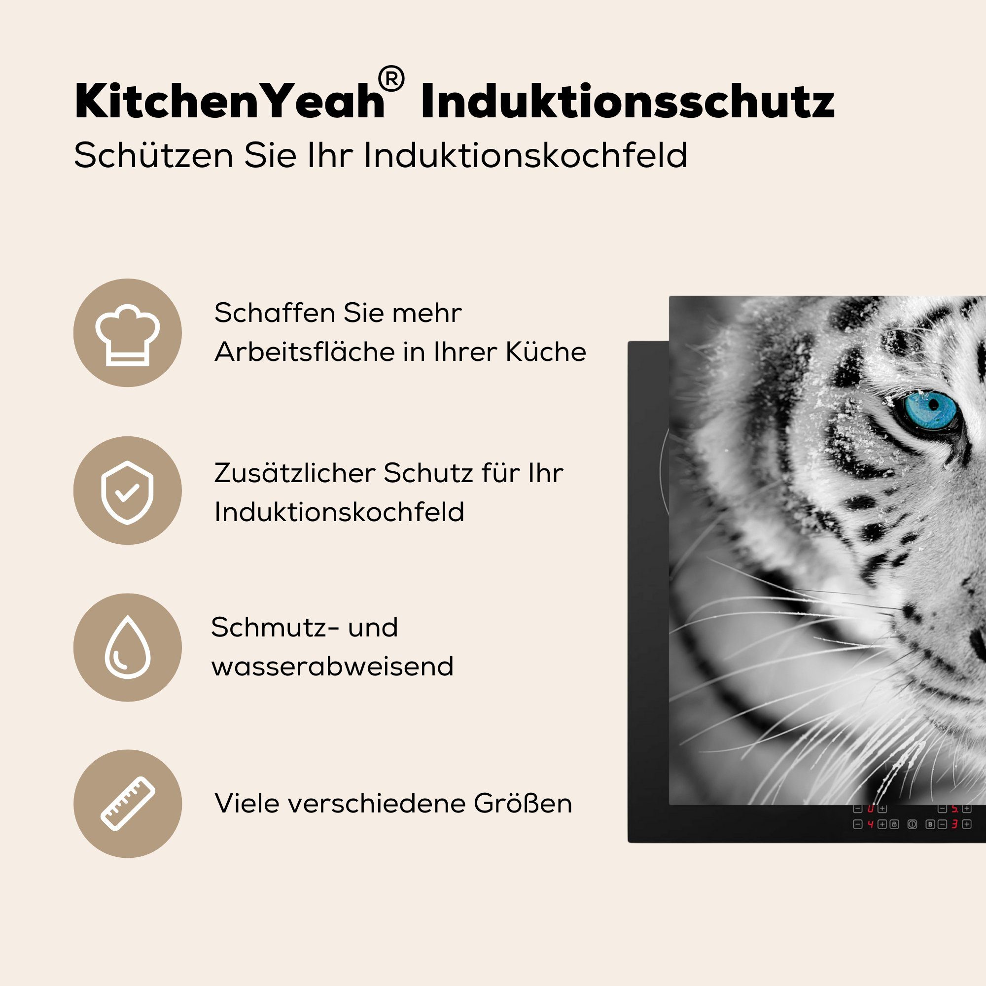 küche - (1 - Vinyl, Schwarz Tiger Herdblende-/Abdeckplatte - Arbeitsplatte Tiere Augen MuchoWow 81x52 weiß, Ceranfeldabdeckung, für tlg), cm, - Blau und