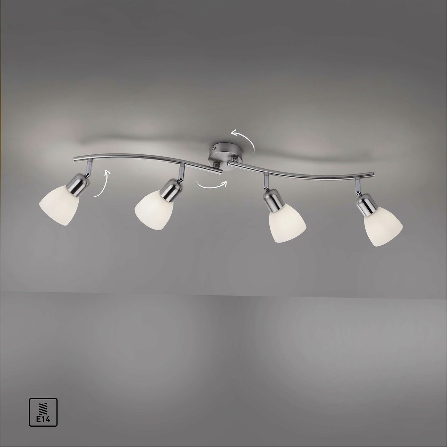 JUST LIGHT Deckenstrahler KARO, B 87 x T 22 cm, 4-flammig, Silbergrau, Weiß, ohne Leuchtmittel, Stahl, verstellbare Lampenschirme aus Glas