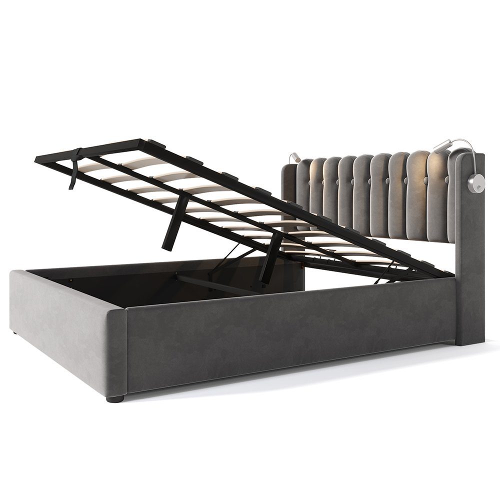 Polsterbett (Hydraulisches Stauraumbett mit Lattenrost), Doppelbett 140x200cm mit Leselicht & Ladefunktion, Samt, Ohne Matratze