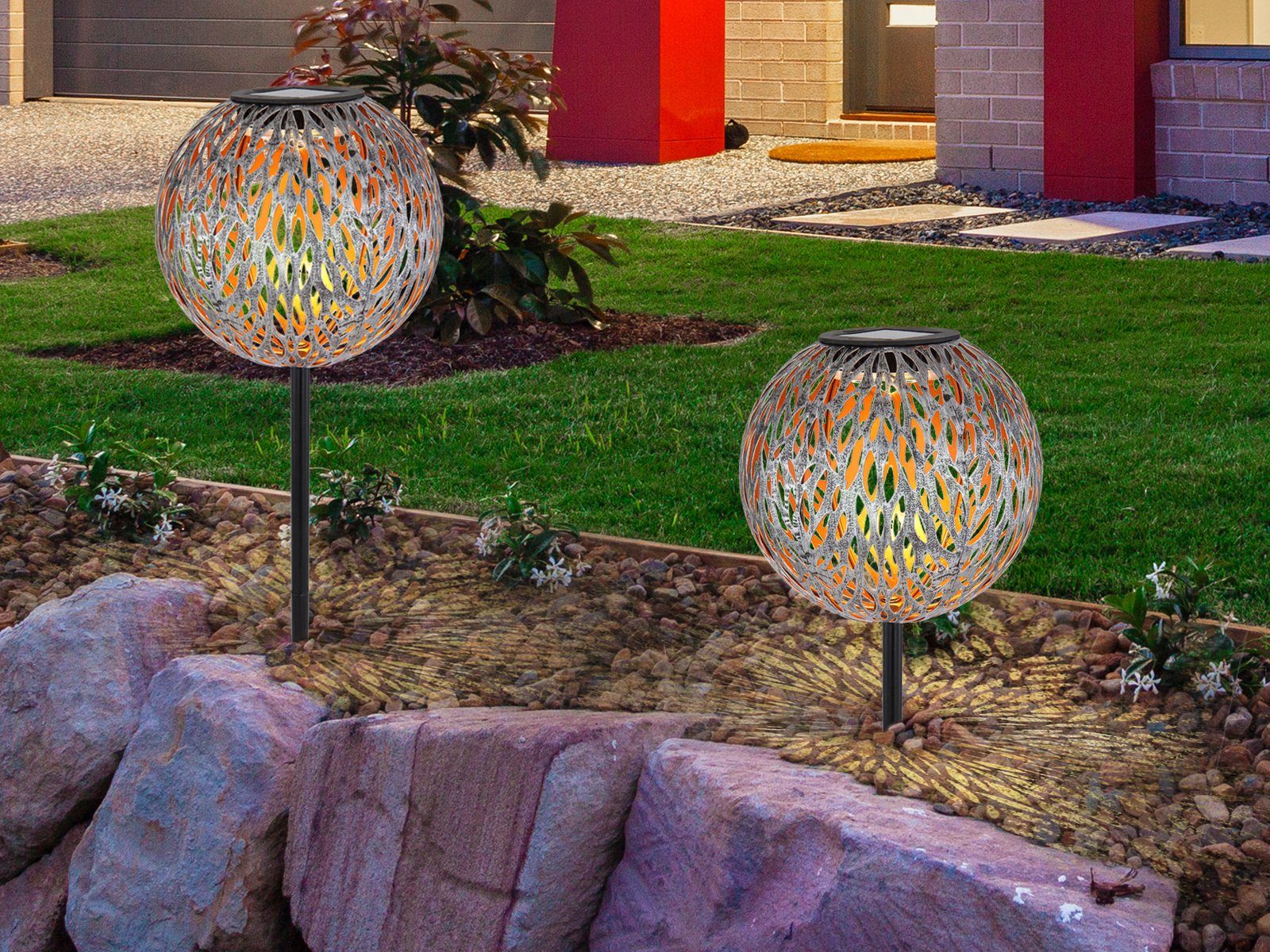 meineWunschleuchte LED Solarleuchte, Dämmerungssensor, LED fest integriert, Warmweiß, 2er ausgefallene Solarkugeln Garten-lichter Leuchtkugeln, Ø18cm