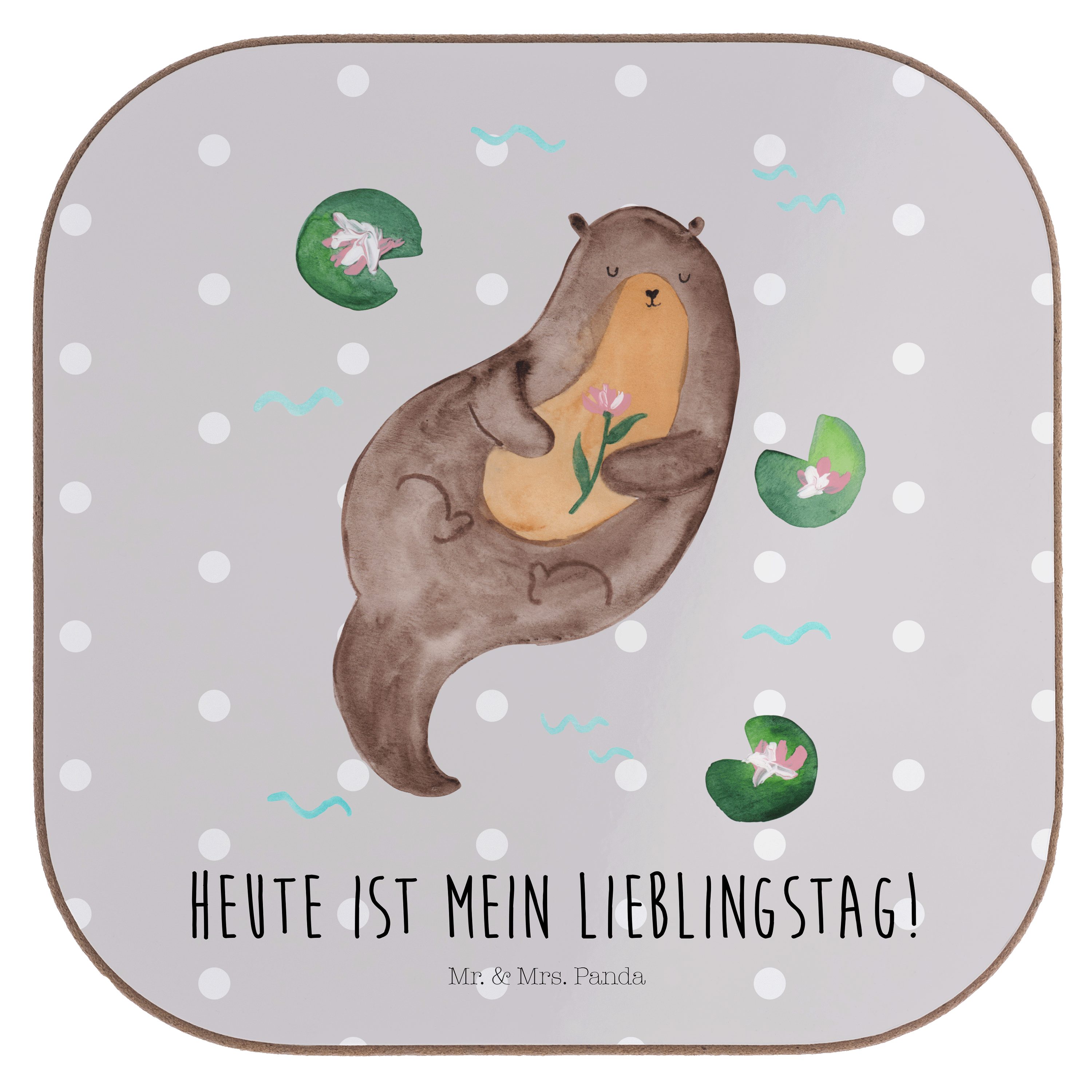 Mr. & Mrs. Panda Getränkeuntersetzer Otter mit Seerose - Grau Pastell - Geschenk, glücklich, Bierdeckel, F, 1-tlg.