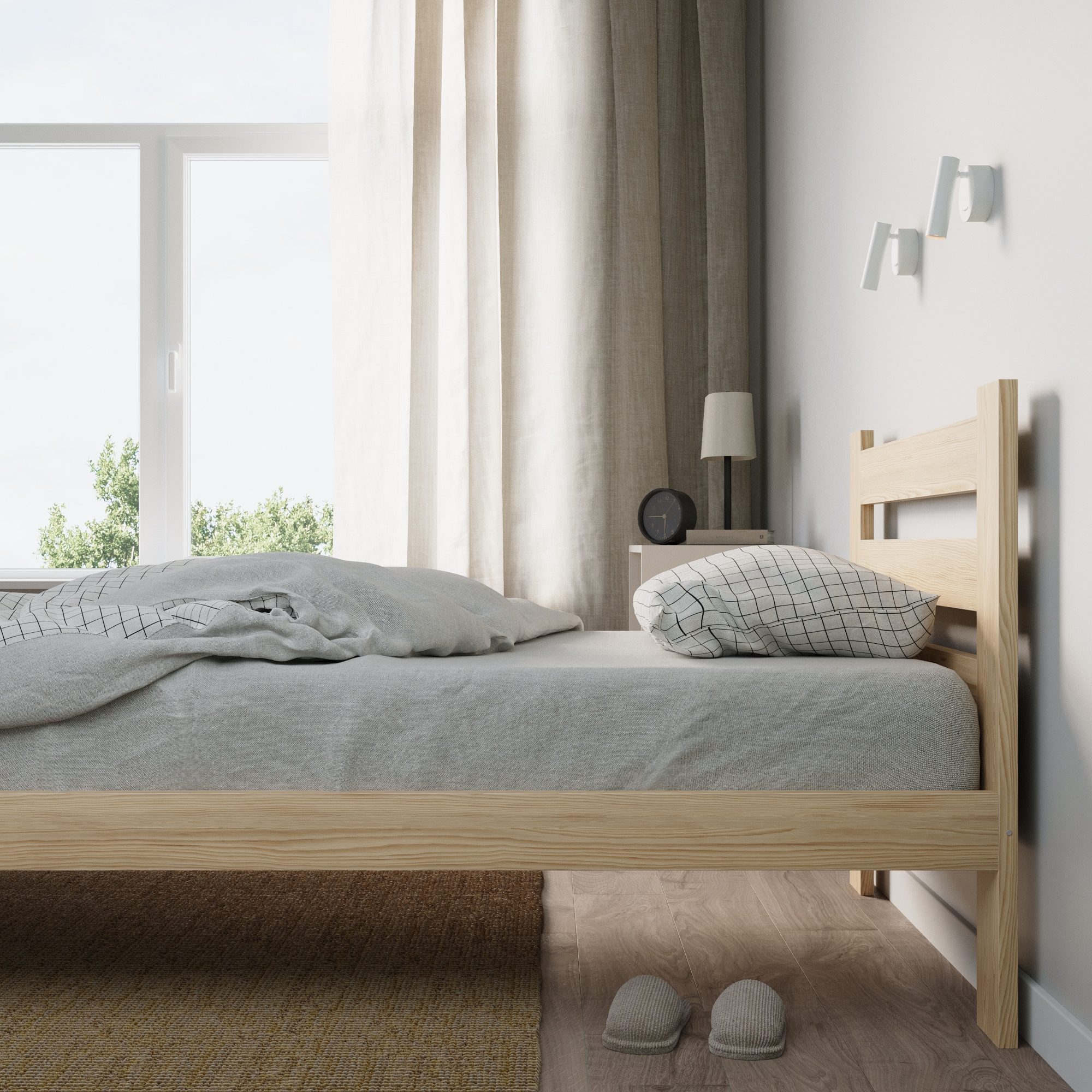 Home Collective Holzbett mit Lattenrost Modern Bett Kiefer Bettgestell Massivholzbett Klassisch (90x200, 120x200, 140x200, 160x200 cm), Einzelbett, Skandi Boho Landhaus Kopfteil hoch 90x200 cm natur