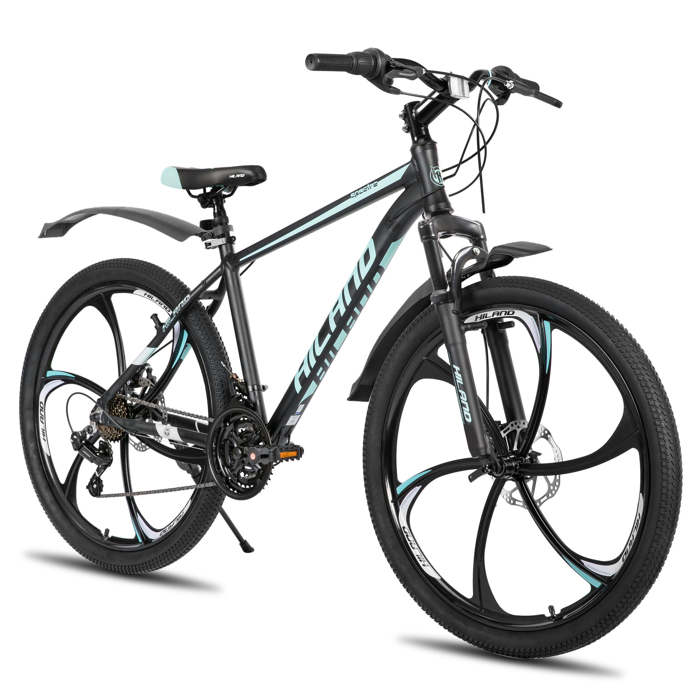 HILAND Mountainbike 26" Aluminium MTB Shimano 18-Gang, 3D/6D Felgen wählbar, 3/6-Speichen-Räder, 18-Gang, mit Schutzblechen, Doppelscheibenbremsen