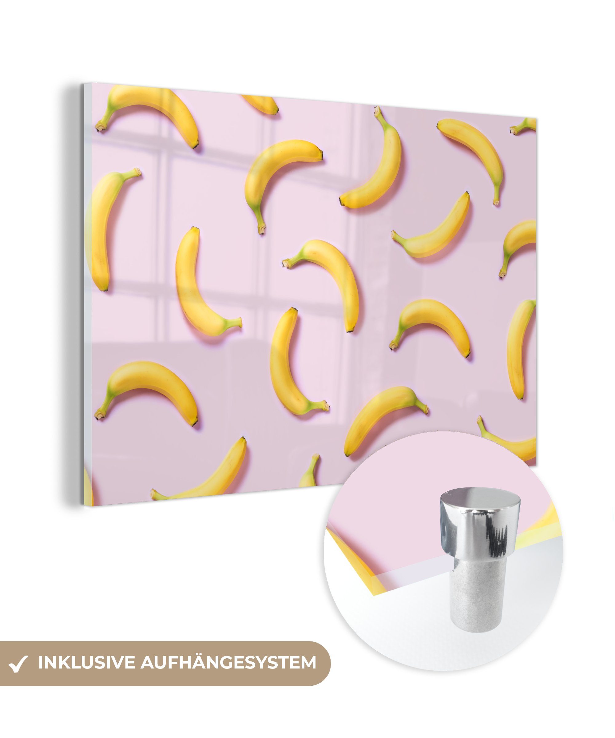 MuchoWow Acrylglasbild Banane - Rosa - Pastell, (1 St), Glasbilder - Bilder auf Glas Wandbild - Foto auf Glas - Wanddekoration