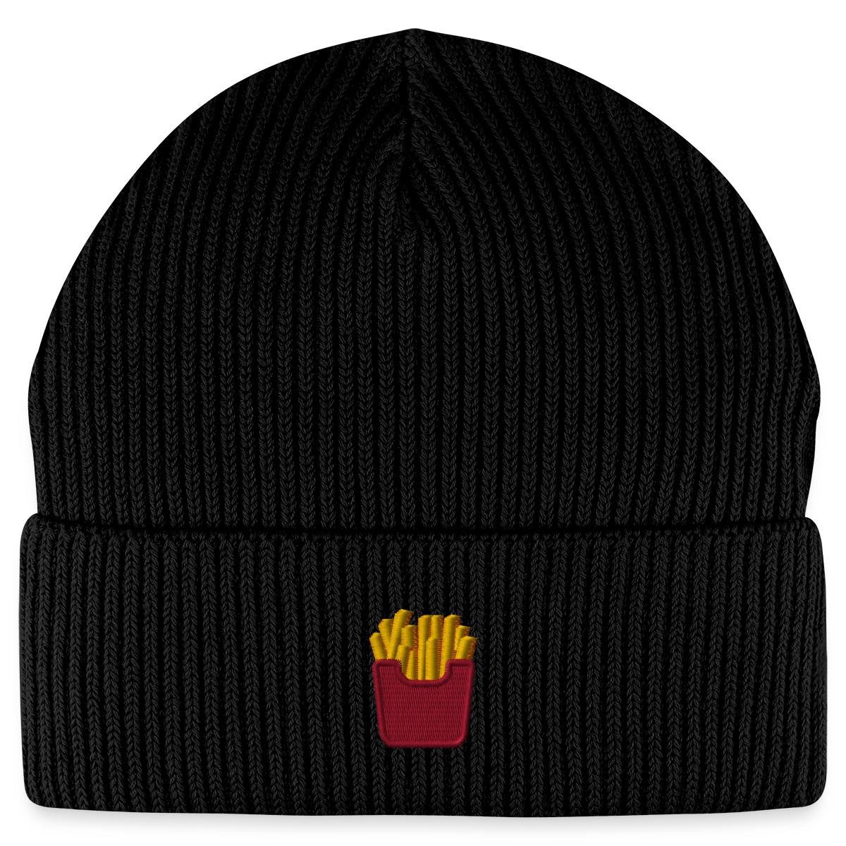 Spreadshirt Beanie Stickmotiv Pommes in Rotem Fizzer Beutel Fisherman Beanie Bio Mütze (1-St)