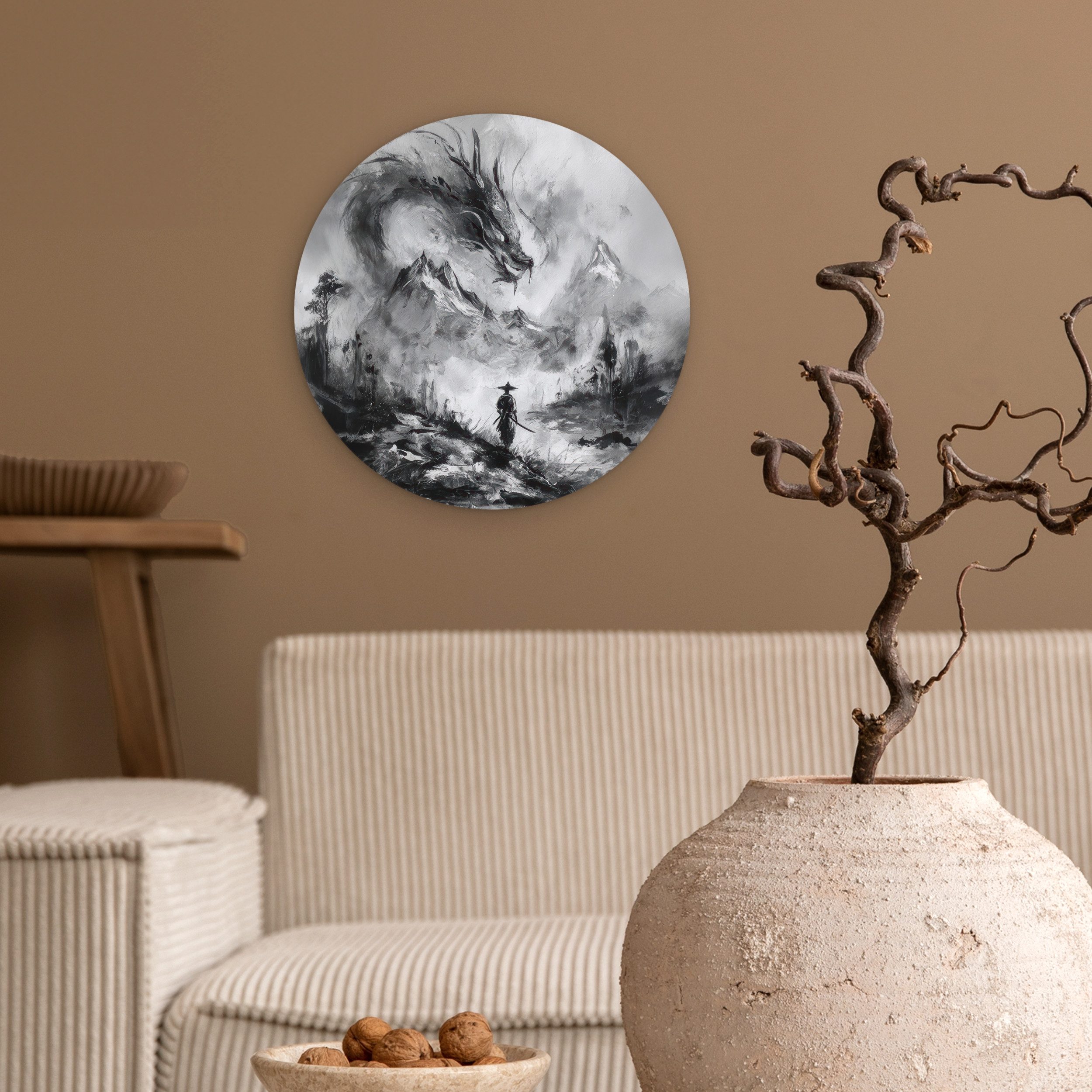 MuchoWow Gemälde Krieger - Drache - Grau, Fotodruck (1 St), Kreis Wanddekoration, Rundes Wandbild, 30x30 cm