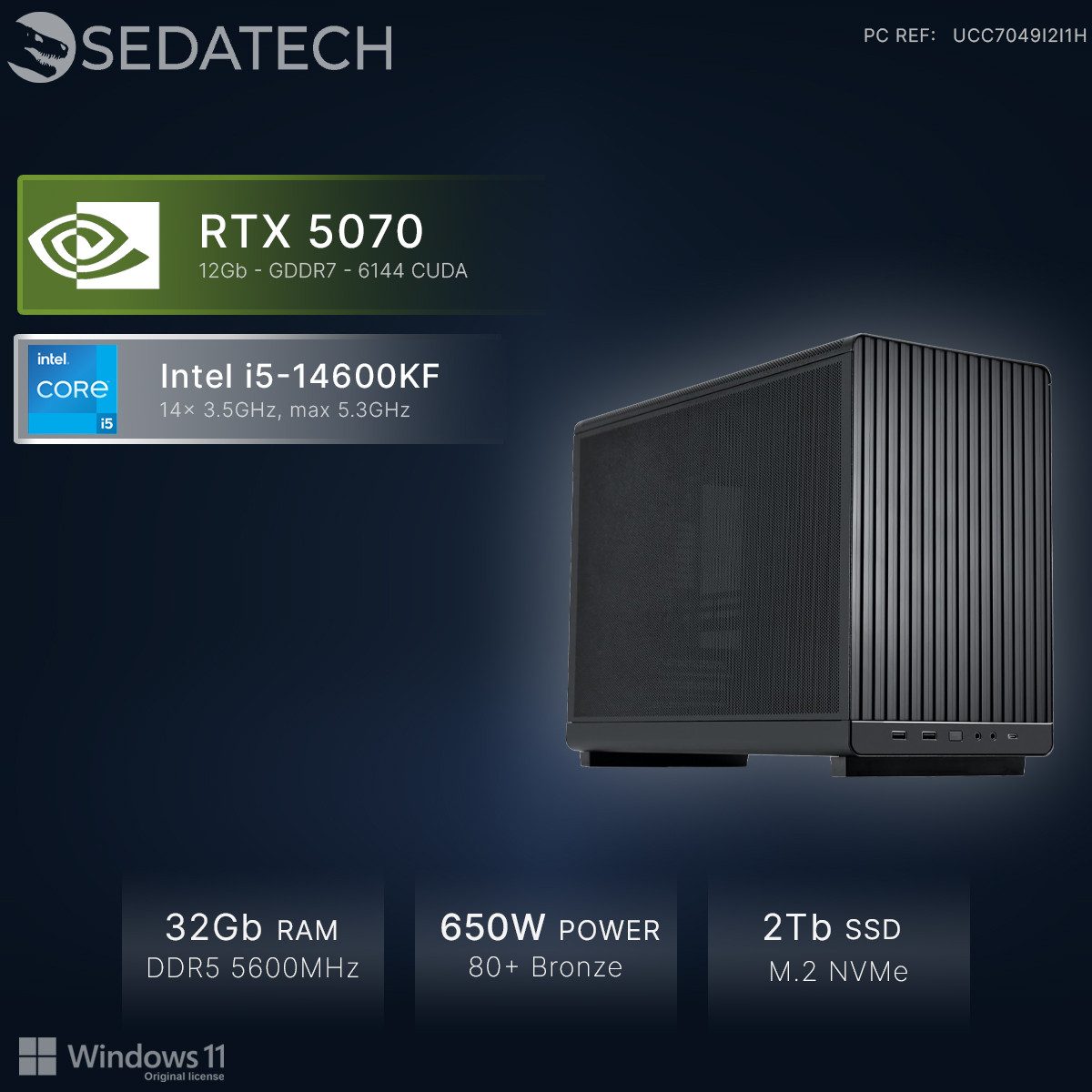 Sedatech UCC7049I2I1HF - Workstation Mini-PC (Intel Core i5 14600KF 14x 3.5GHz (max 5.3GHz), Geforce RTX5070 12GB, 32 GB RAM, 2000 GB SSD, Wlan 6E)