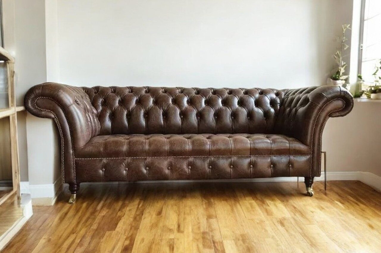 Chesterfield-Sofa Sofa Couch Polster 3 Sitzer Rollen Chesterfield 100% Leder Sofort