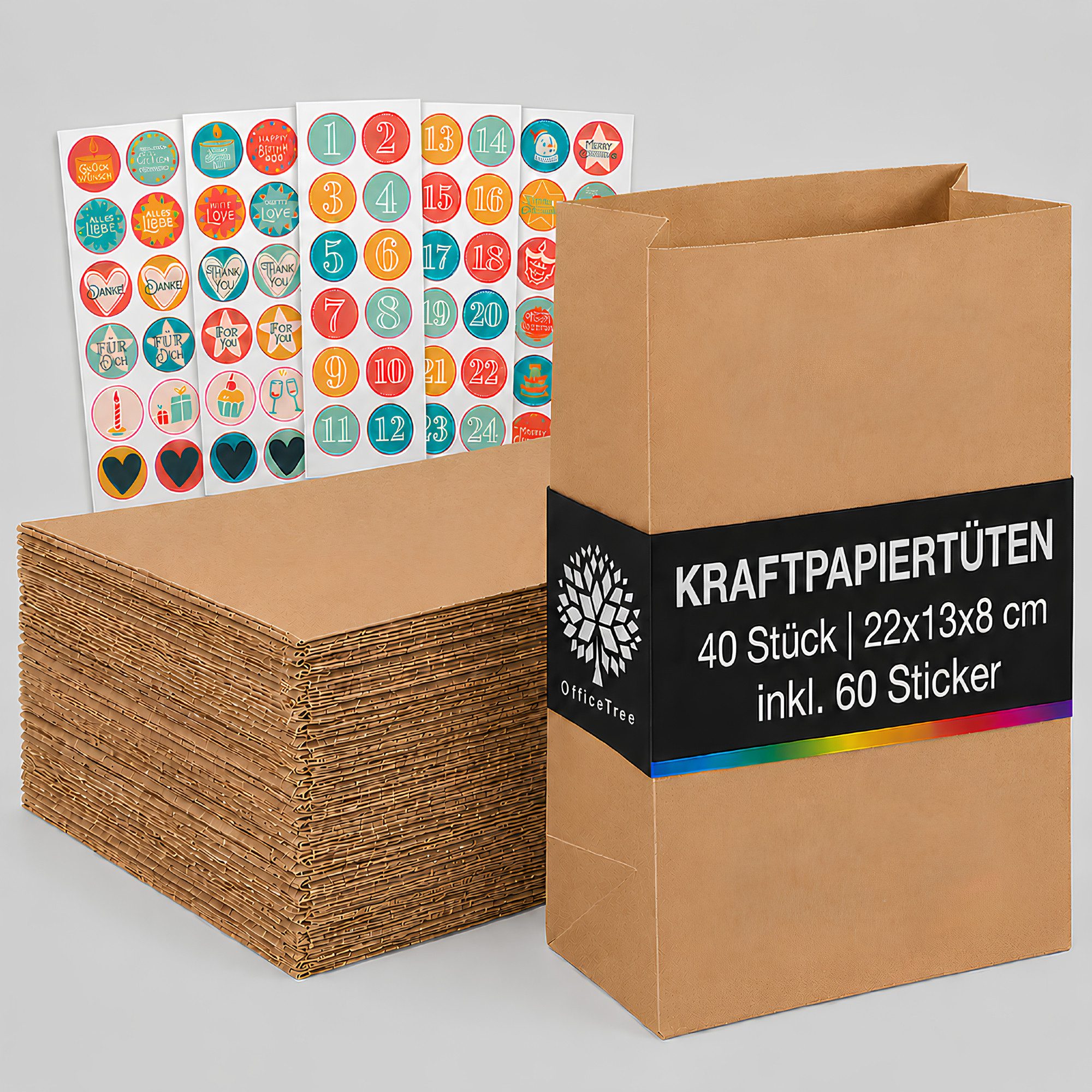 OfficeTree Tragetasche 40x Kraftpapiertüten 22x13x8 cm - Papiertüten mit Boden