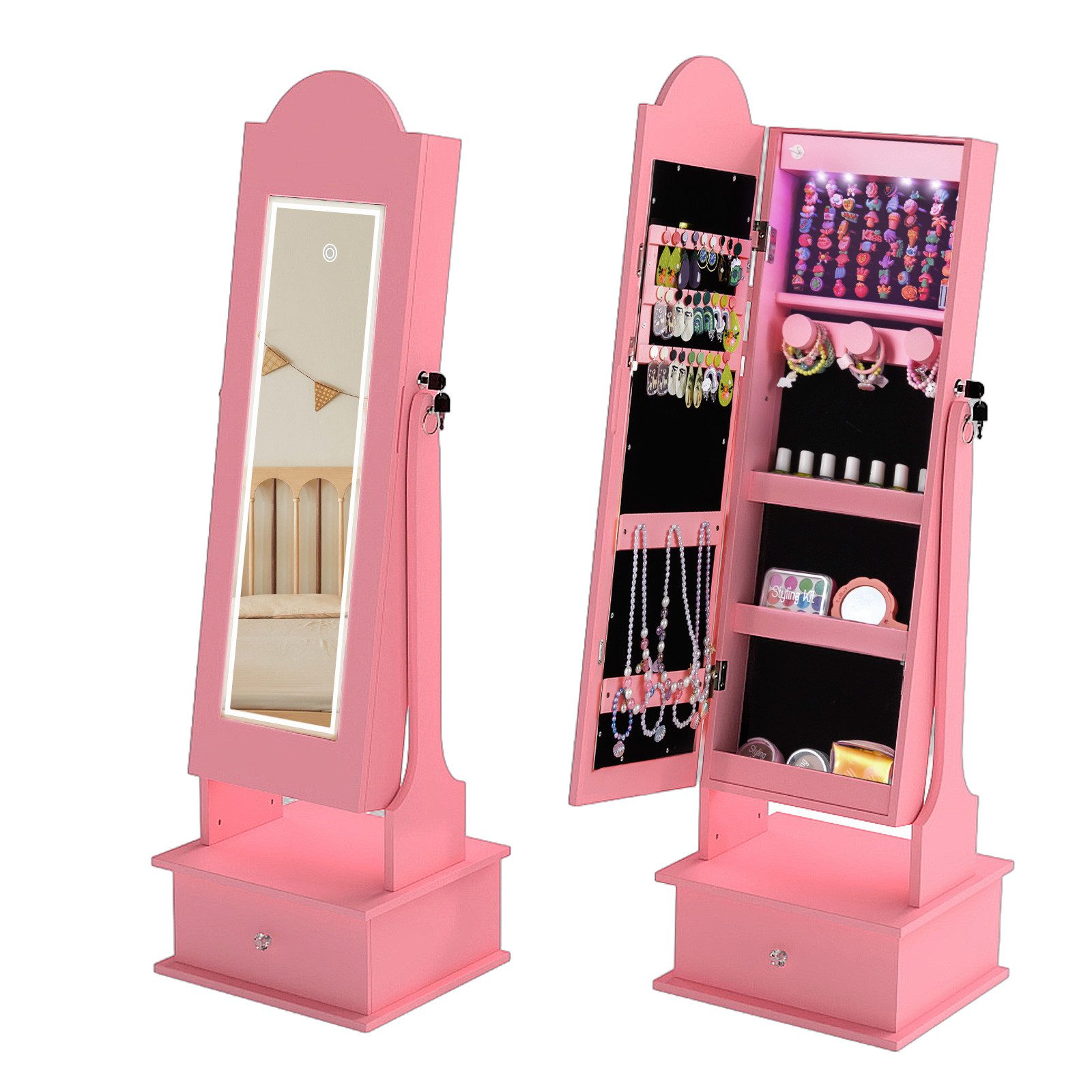 COSTWAY Schmuckschrank Kinder Schmuckkommode mit Beleuchtung & Spiegel